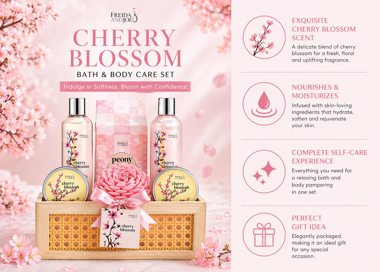 Cherry Blossom Spa Gift Basket for Women - Luxury Bath & Body Gift Set with Shower Gel, Bubble Bath, Body Scrub, Lotion & Bath Salts - Mother’s Day Beauty and Personal Care Freida and Joe