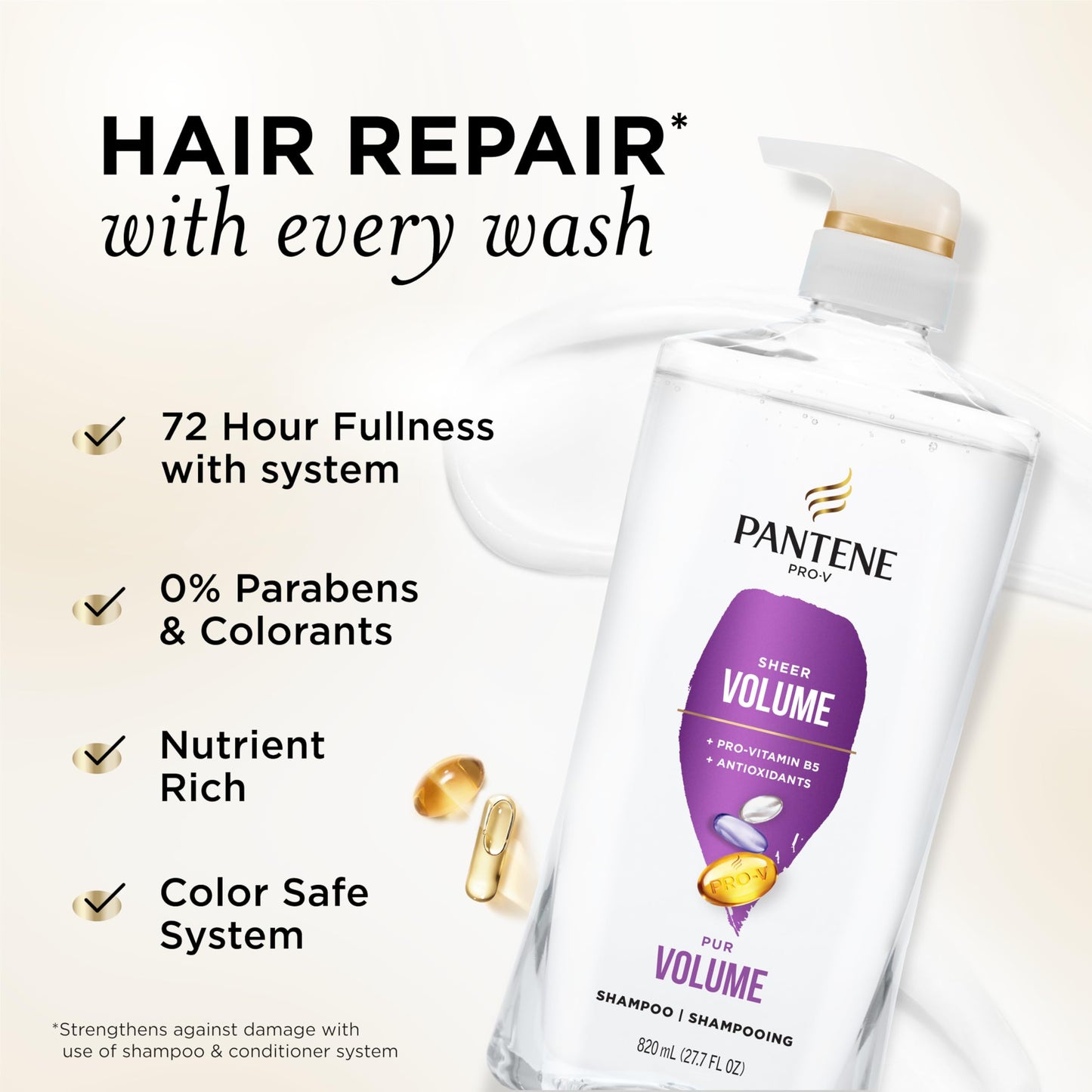 Pantene Shampoo, Sheer Volume - 72-Hour Fullness, Lightweight Nourishment with Pro-Vitamin B5 + Antioxidants, Fine, Thin, Color-Treated Hair, Paraben Beauty and Personal Care Pantene
