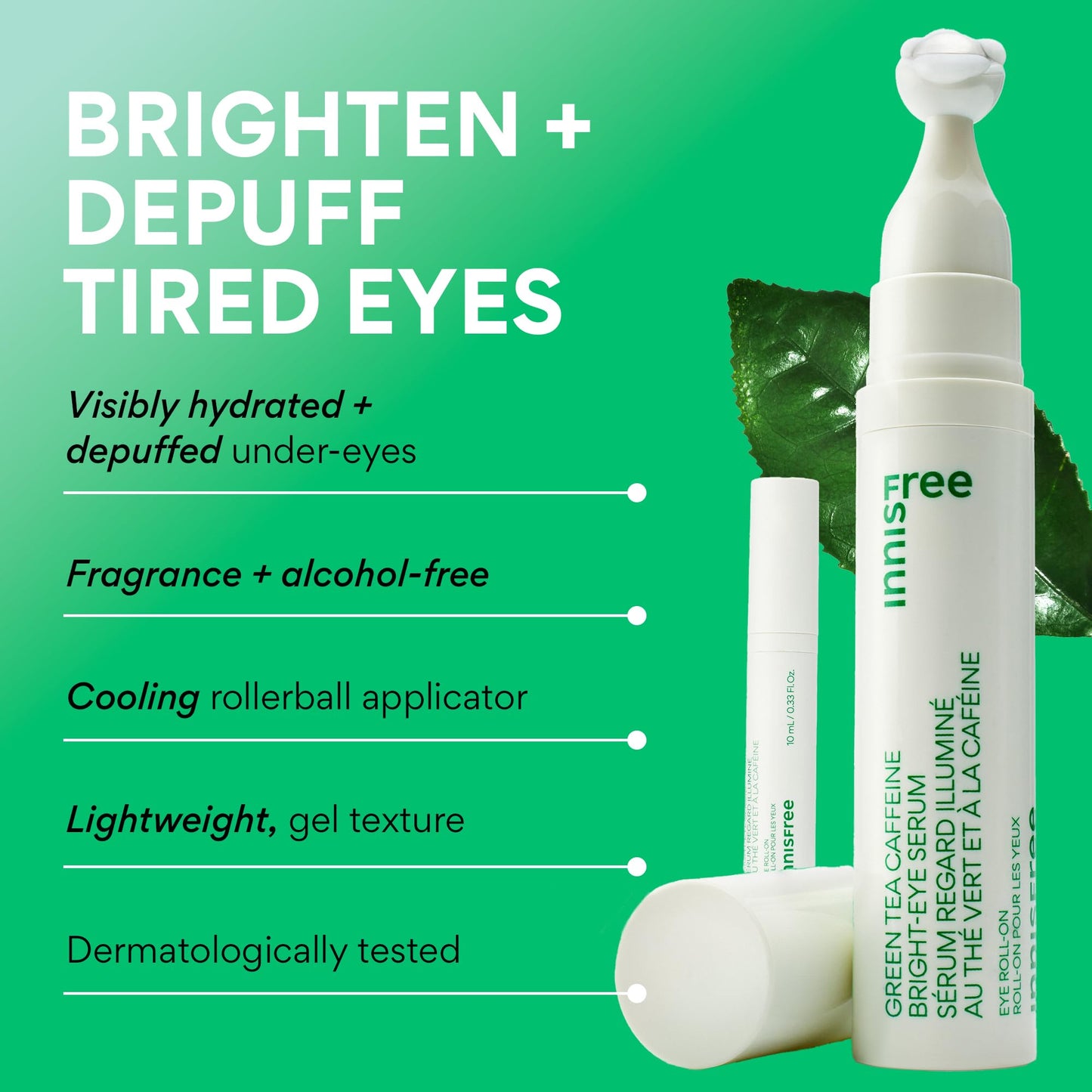 innisfree Green Tea Caffeine Depuffing Eye Serum Roll-On with Niacinamide & Hyaluronic Acid, Cooling Korean Under Eye Roller for Puffiness, Dark Beauty and Personal Care innisfree