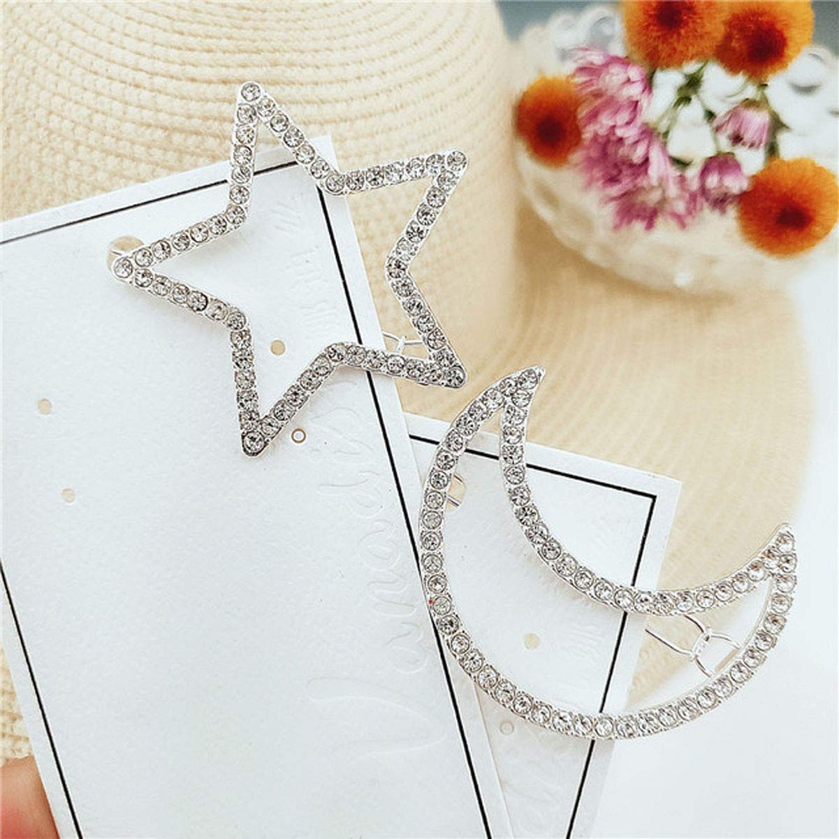 2 Pcs Silver Rhinestone Crystal Geometric Stars Moon Hair Clip Fashion Woman Hollow Side Clip Barrettes Hairpin Hair Accessories Beauty & Personal Care Teppylony