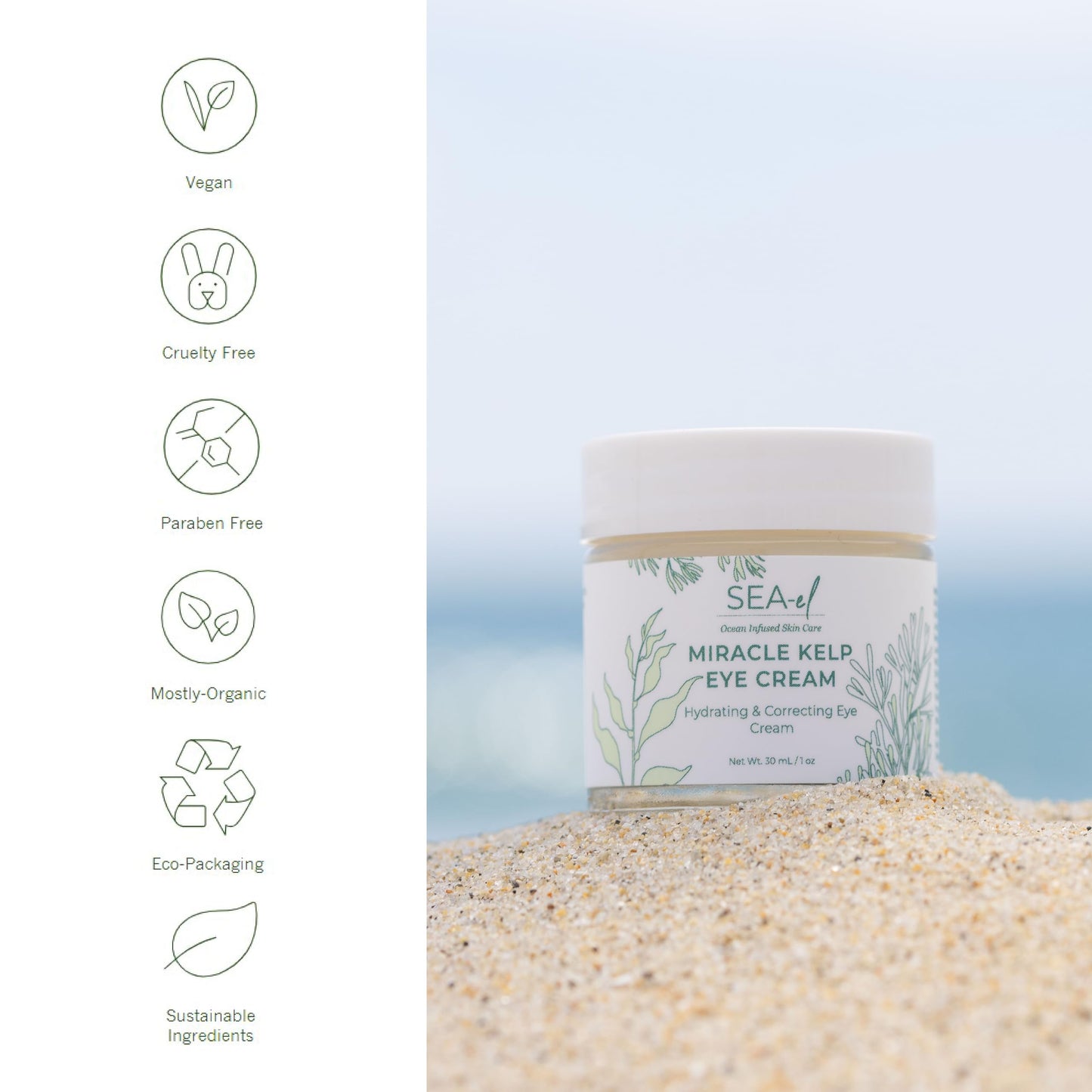 Sea-El Miracle Sea Kelp Eye Cream Hydrating & Correcting Yerba Mate Caffeine & Hyaluronic Acid for Dark Circles Bags & Puffiness - Daily Anti Aging Beauty & Personal Care Sea-El