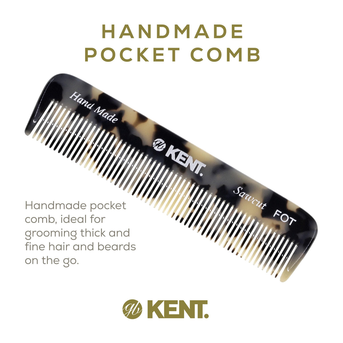 Kent FOT Tokyo White Fine Tooth Comb for Men - Handmade Pocket Comb for Travel, Styling, Fine or Thinning Hair, Mustache and Beard Care Handpolished