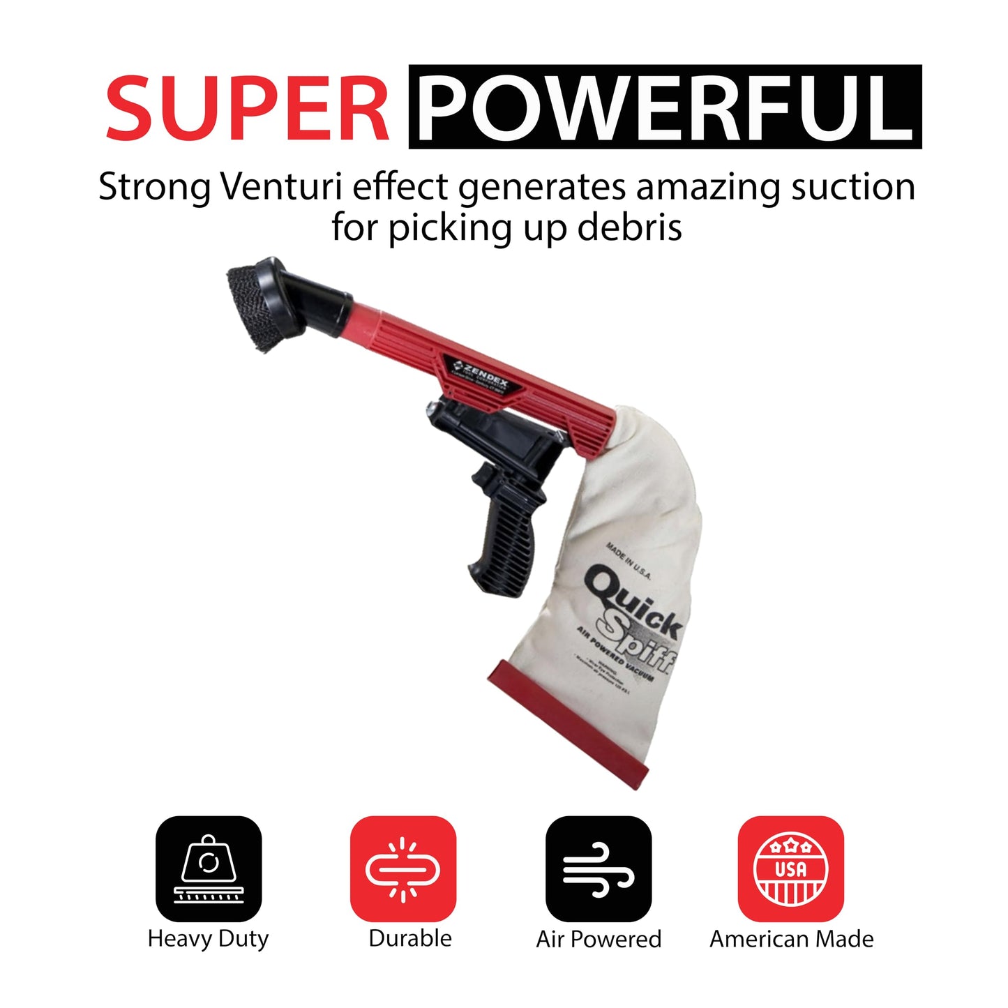 Zendex Tool - QuickSpiff Venturi Air Vacuum with Easy Empty Dust Bag - No Electricity Pneumatic Vacuum with Powerful Suction for Industrial Beauty & Personal Care Quick Spiff