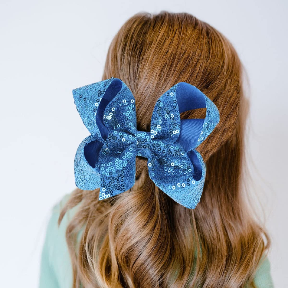 AMYDECOR 6 Inch Blue Sparkly Glitter Sequin Hair Bows for Girls Toddlers Kids Children Teenage (2PCS) Beauty & Personal Care AMYDECOR