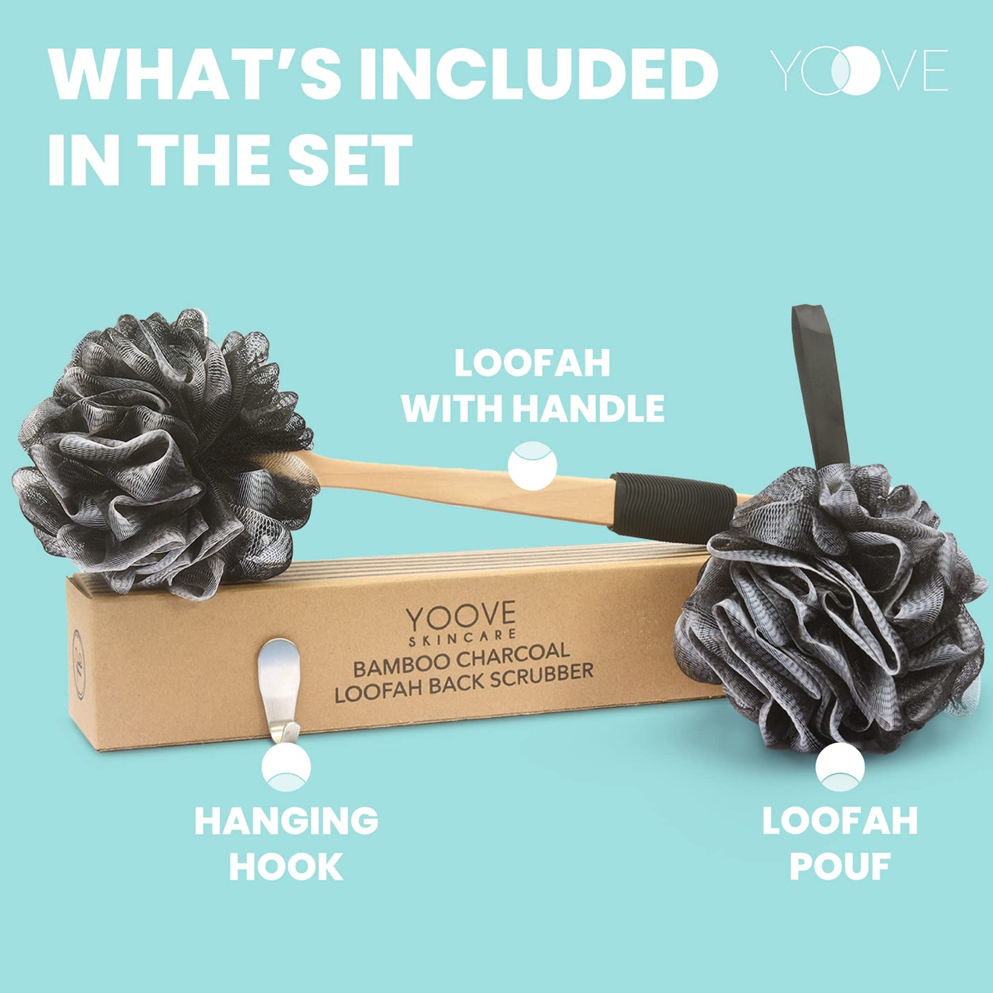 Bamboo Charcoal Infused Back Scrubber - Loofah with Handle | Exfoliating Shower Loofah for Men & Women - Features 1 Loofah on a Stick, 1 Loofa Pouf Beauty & Personal Care Yoove