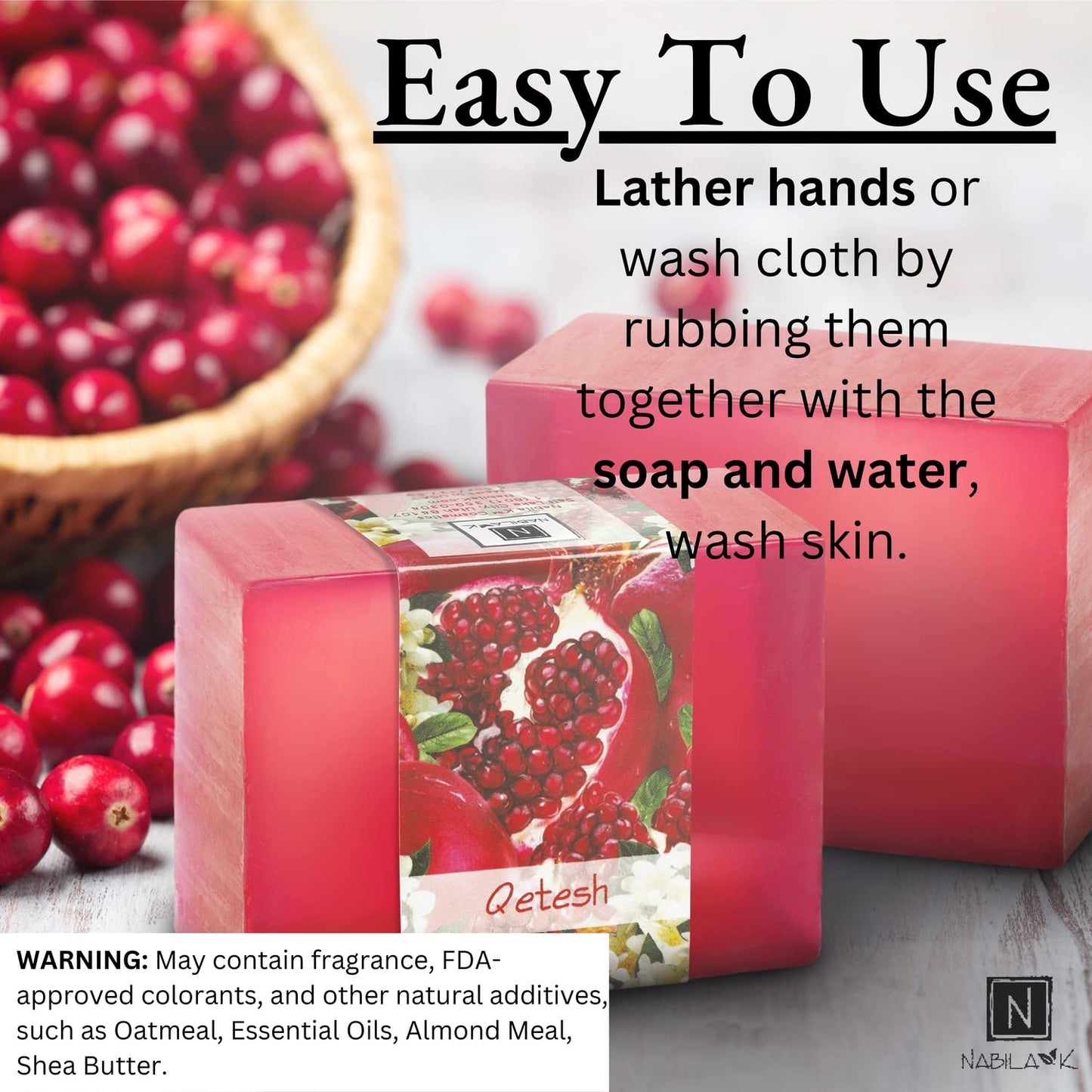 Nabila K Qetesh Glycerin Bar Soap | Pomegranate Scent | Natural, Vegan, Hypoallergenic | 100% Vegetable Glycerin, Sulfate-Free, Paraben-Free | 4.5 oz Beauty & Personal Care Nabila K