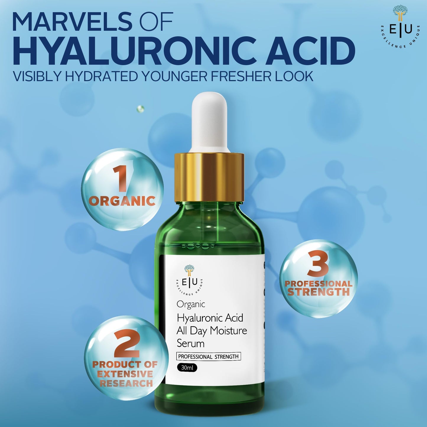 Organic Hyaluronic Acid Serum for Face - 30ml Hydrating Serum - Hyaluronic Acid Serums for Deep Moisture, Plumping & Anti-Aging Beauty & Personal Care E U EXCELLENCE UNIQUE