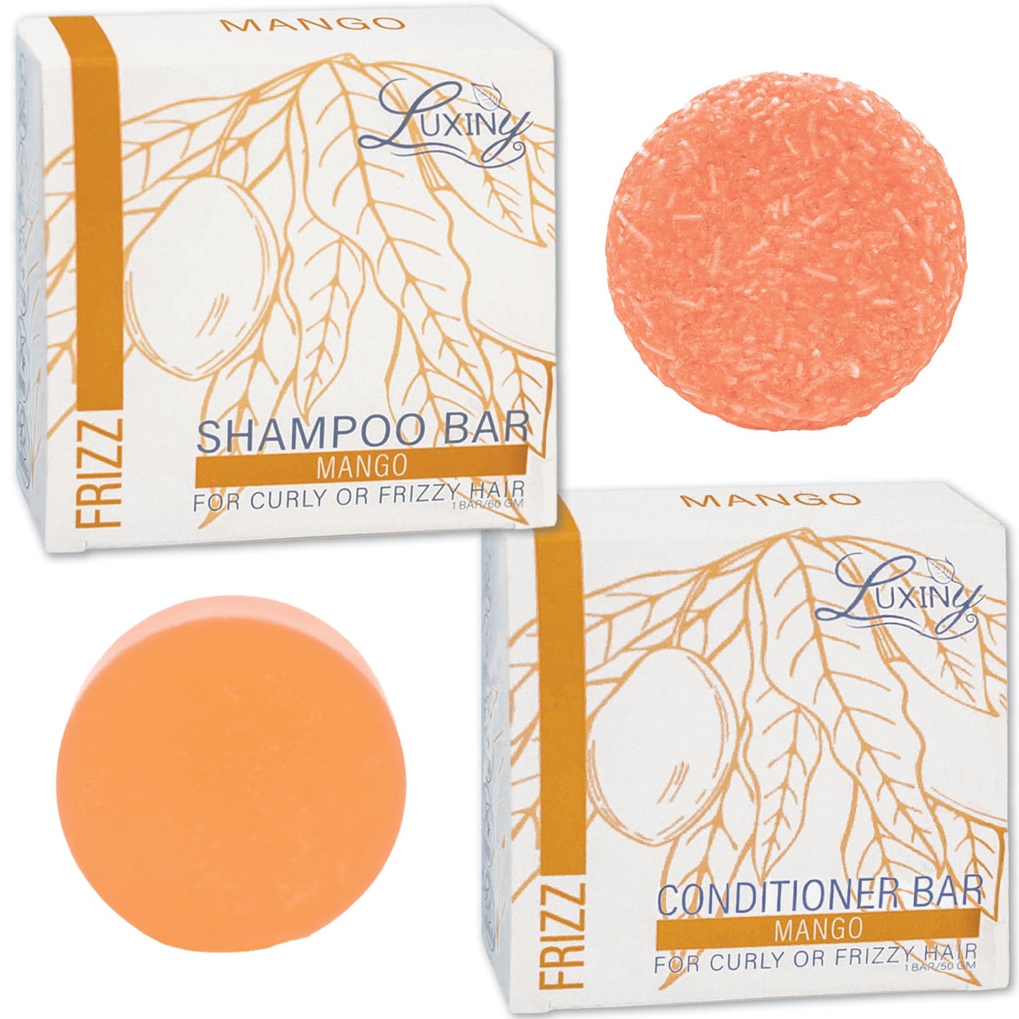 Luxiny Mango Shampoo and Conditioner Bar Set - Sulfate-Free, 1 Shampoo Bar (60g) & 1 Conditioner Bar (50g) for Normal/Dry Damaged Hair, Made in USA Beauty & Personal Care Luxiny
