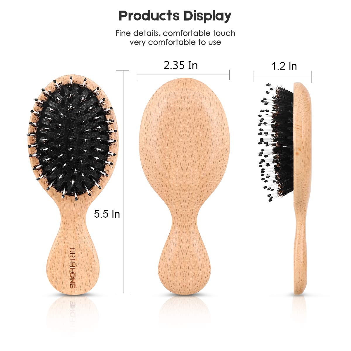 URTHEONE Mini Boar Bristle Hair Brush Small Travel Pocket brush for Women