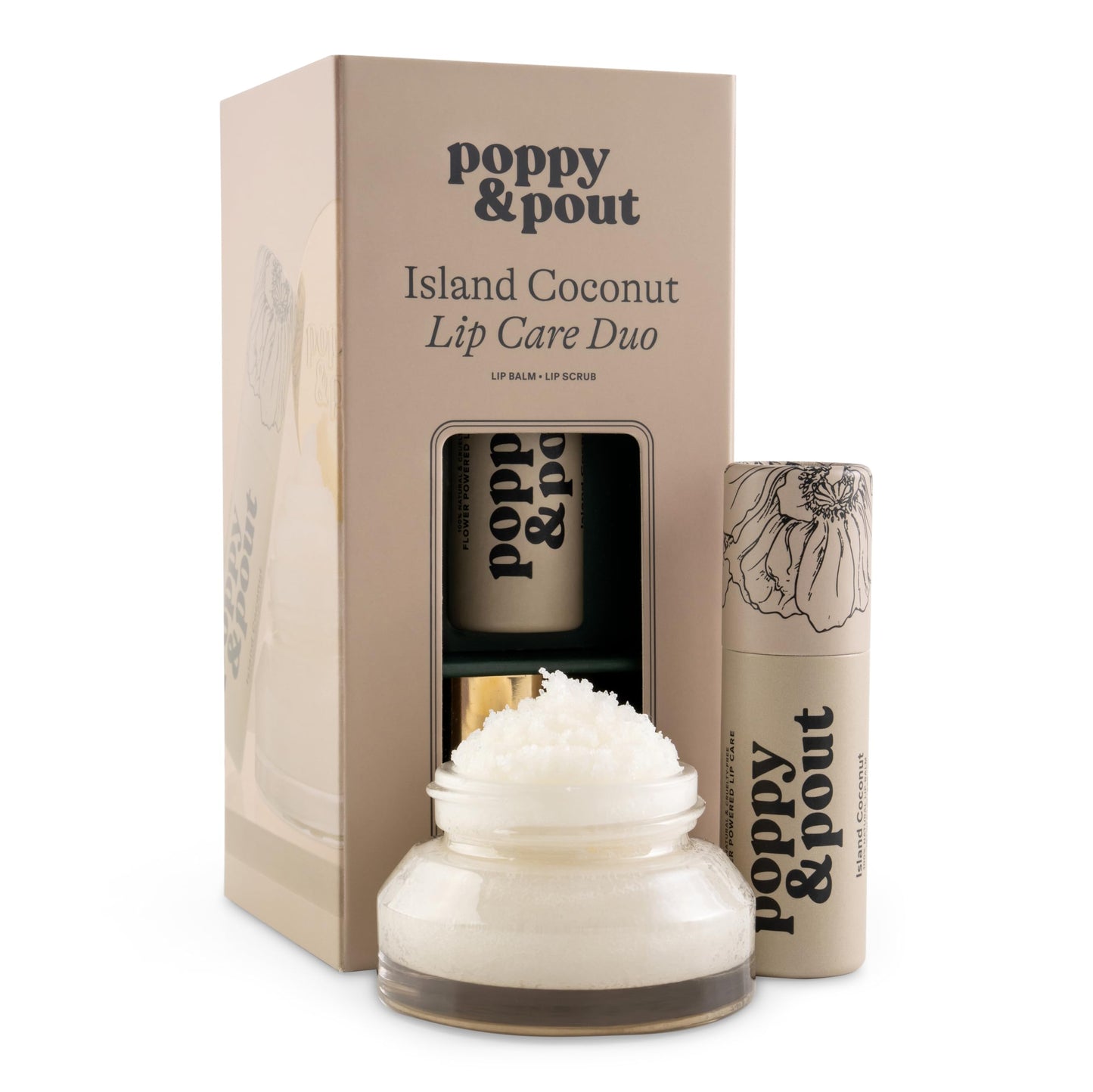 Poppy & Pout Lip Care Set - Lip Balm & Scrub - Sustainable Cardboard Tubes & Glass Jars, All Natural, Beeswax, Coconut Oil, Cruelty Free, Exfoliating Beauty and Personal Care Poppy & Pout