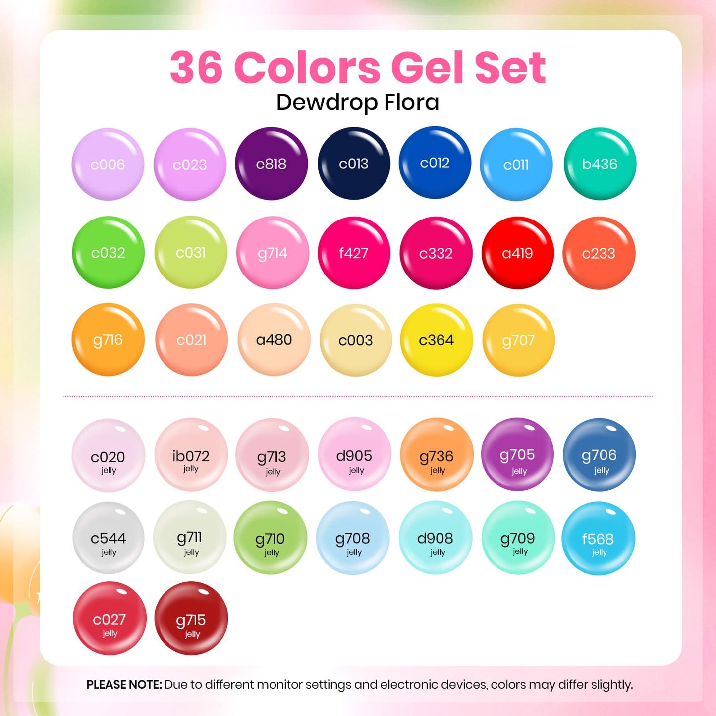 Beetles Neon Gel Polish Set - 36 Colors Dewdrop Flora Nail Gel, Jelly Pink Milky White Yellow Purple Green Natural Classic Shade, Soak Off UV LED Home Beauty and Personal Care beetles Gel Polish