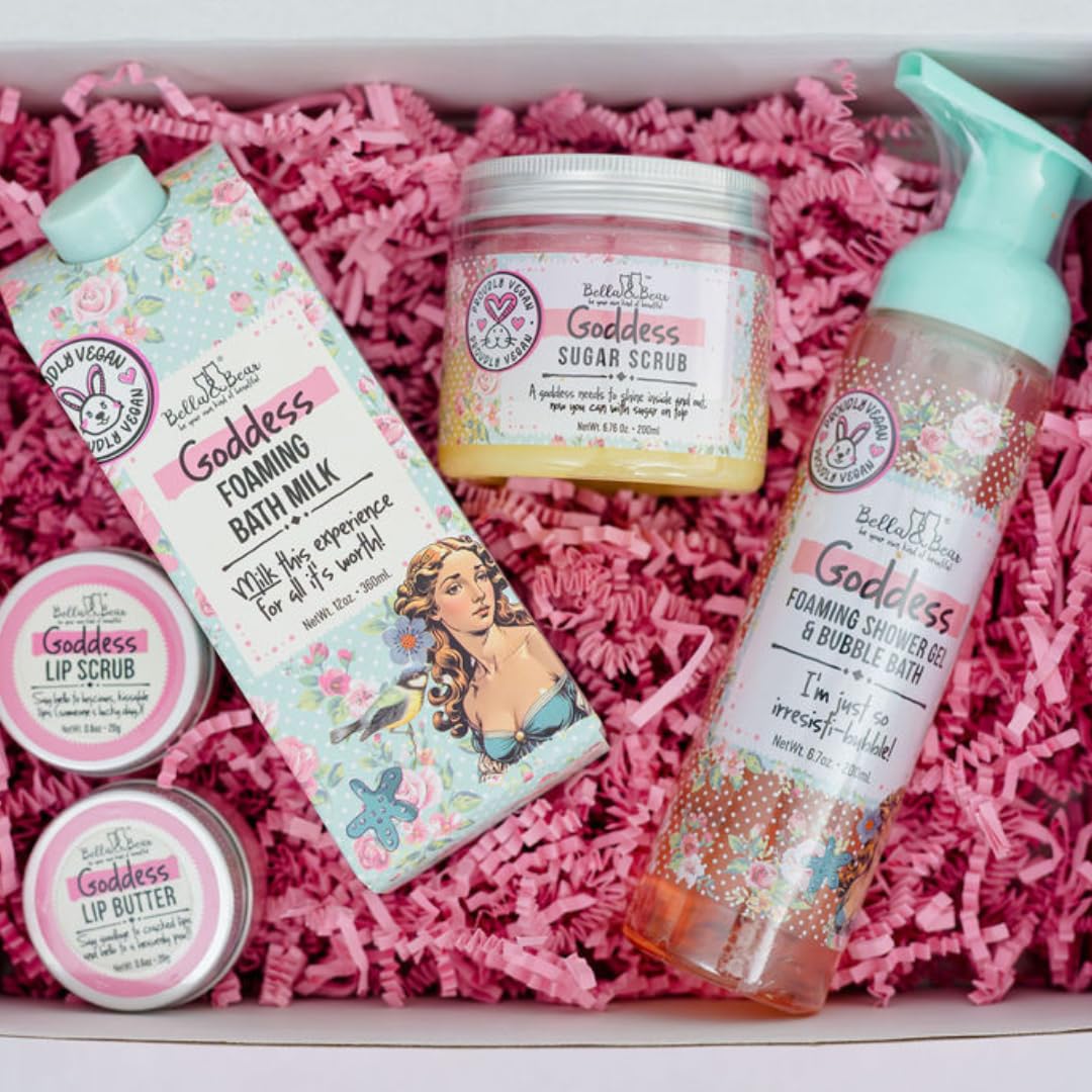 Bella & Bear Goddess Mega Bath & Body Gift Set with Foaming Shower Gel & Bubble Bath, Bath Milk, Body Scrub & Lip Scrub and Lip Butter - Gift Beauty and Personal Care Bella and Bear