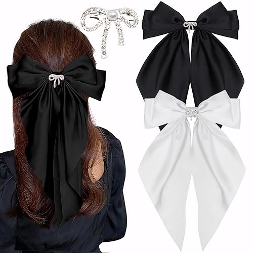 Big Bow Hair Clips for Women And Girls, Cute Silky Satin Bows Barrettes Hair Accessories Oversized Long Tail Ribbons Metal Hairpin 2pcs (black+white) Beauty & Personal Care XIWIMISID