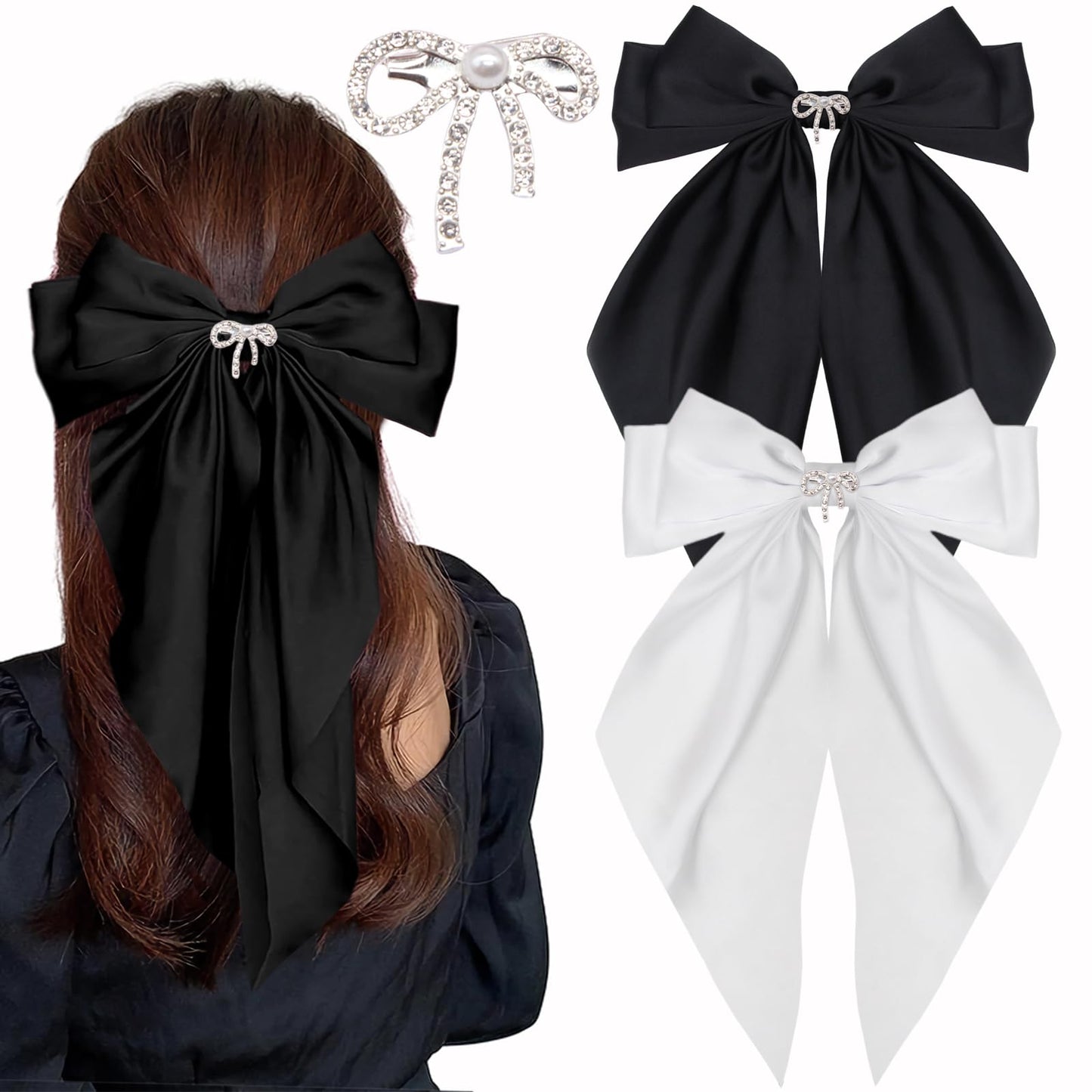 Big Bow Hair Clips for Women And Girls, Cute Silky Satin Bows Barrettes Hair Accessories Oversized Long Tail Ribbons Metal Hairpin 2pcs (black+white) Beauty & Personal Care XIWIMISID