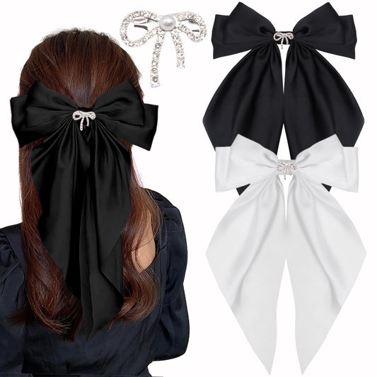 Big Bow Hair Clips for Women And Girls, Cute Silky Satin Bows Barrettes Hair Accessories Oversized Long Tail Ribbons Metal Hairpin 2pcs (black+white) Beauty & Personal Care XIWIMISID