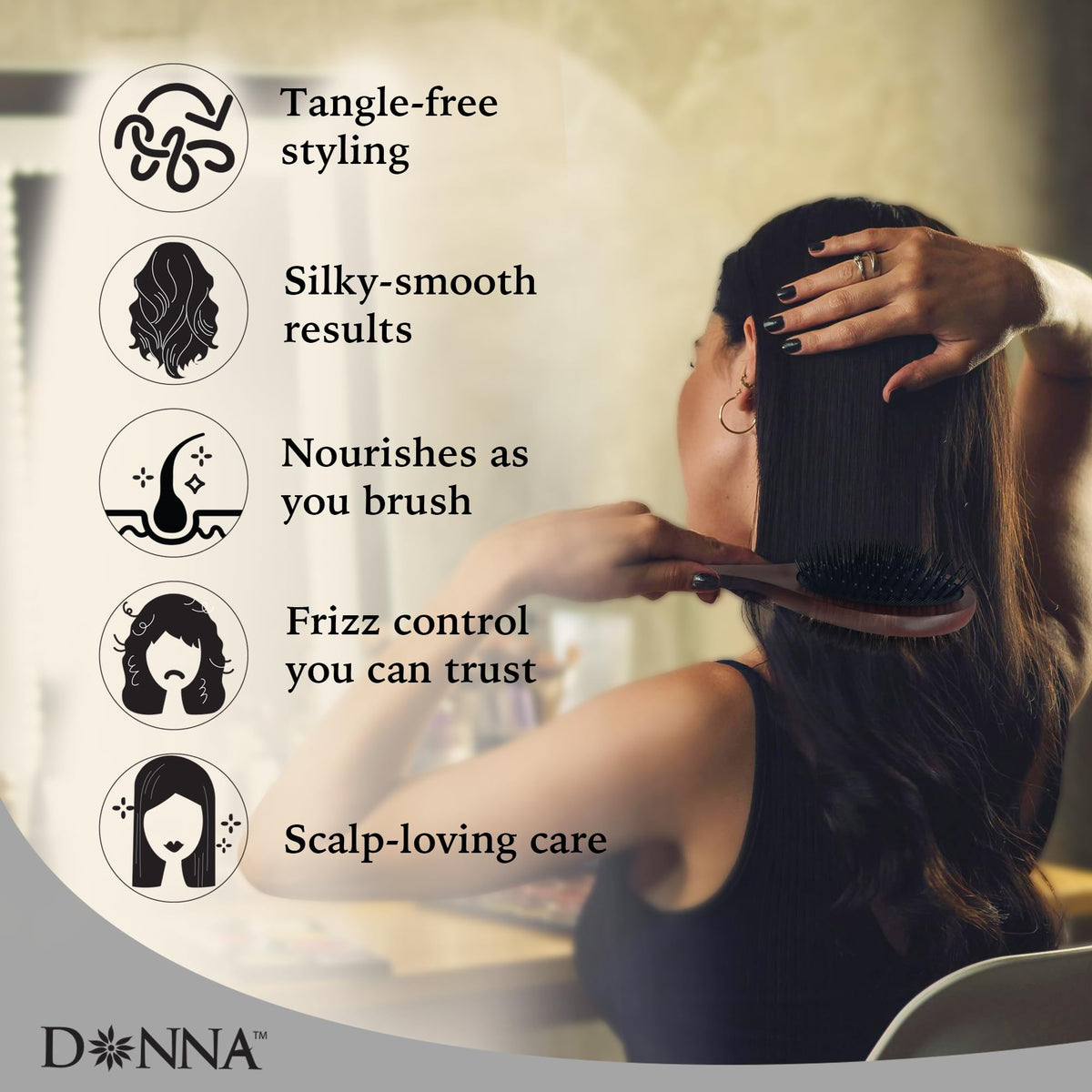 Donna Double Sided Styling Brush for Women - 100% Boar Bristles, Cushioned Wooden Detangling Brush for Wet Hair Beauty & Personal Care DONNA