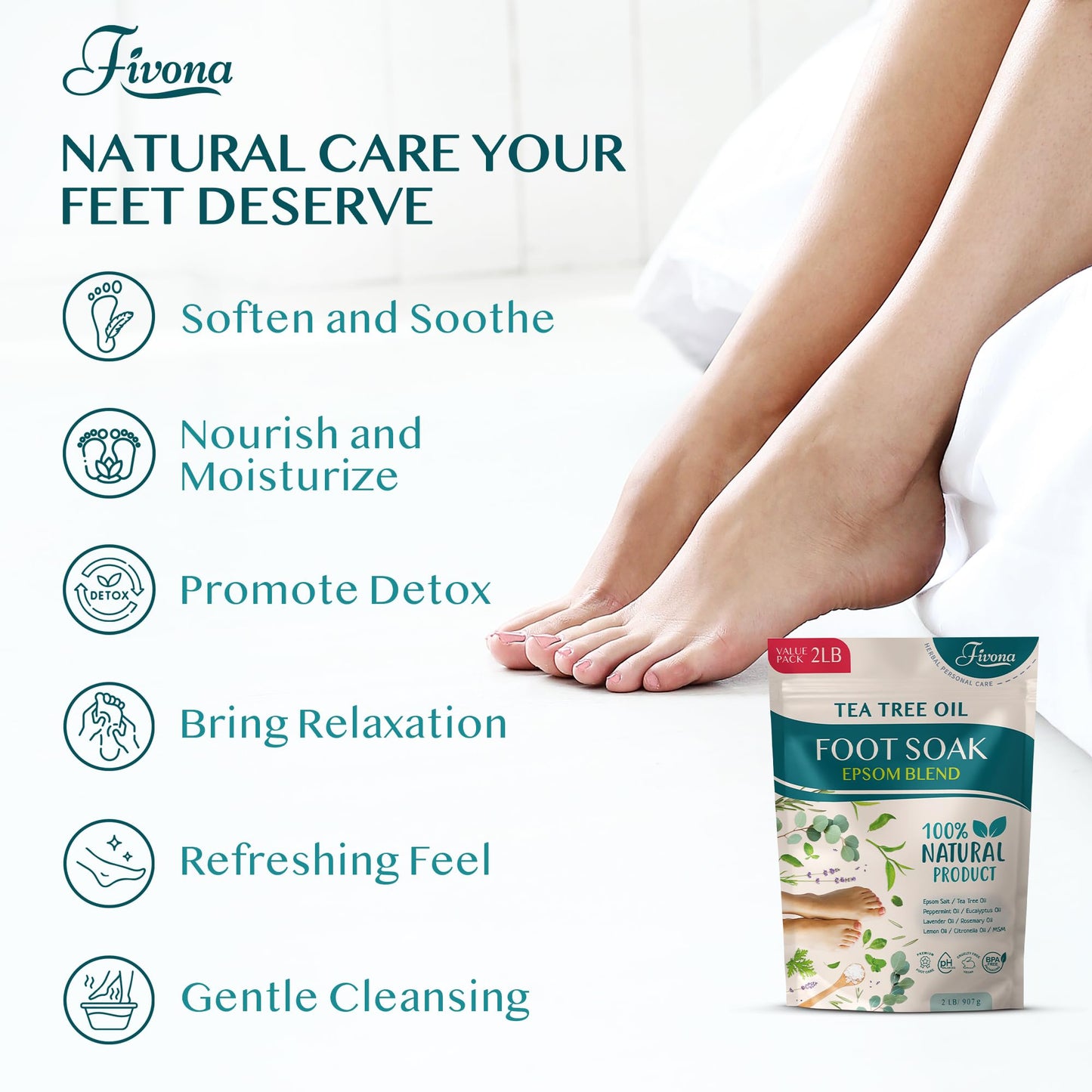 Foot Soak Epsom Salt with Tea Tree Oil 2 LB - Epsom Salt with Essential Oils for Healthy Toenails, Soothing Relief, Callus Softening - Pedicure Beauty and Personal Care FIVONA