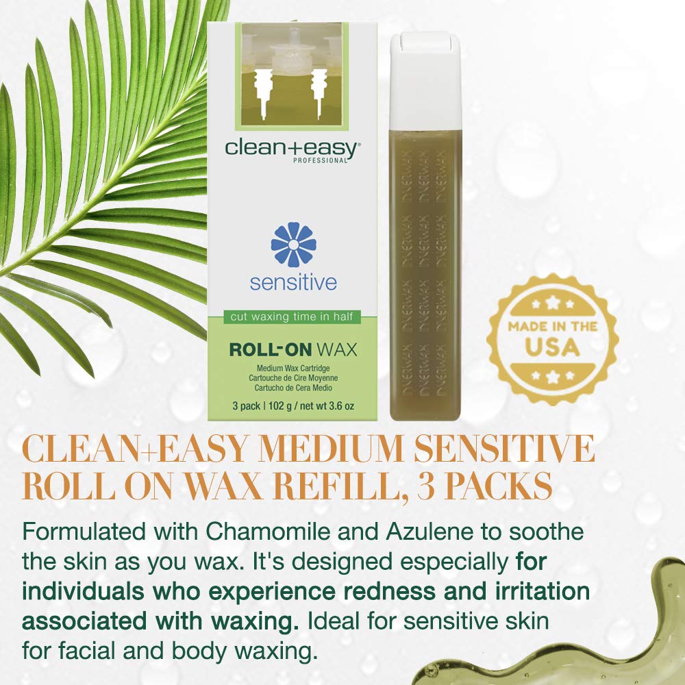 Clean + Easy Sensitive Roll On Wax Refill - Medium Wax Cartridge Refill for Face & Body Hair Removal, Soft Wax for Sensitive Skin, Hygienic Waxing Beauty and Personal Care Clean + Easy