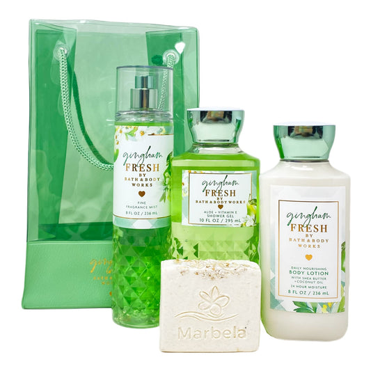 Bath & Body Works Gingham Fresh 4 Piece Gift Bag Set - Fragrance Mist - Body Lotion - Shower Gel - with a Natural Oats Bar Soap - Full Size Beauty and Personal Care Bath & Body Works