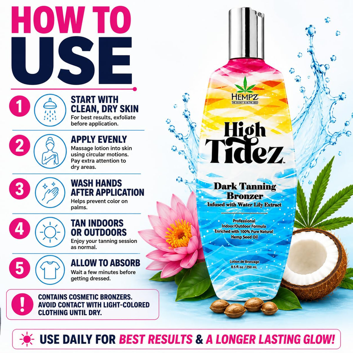 Hempz High Tidez Dark Tanning Bronzer Infused with Water Lily Extract Indoor/Outdoor 8.5oz