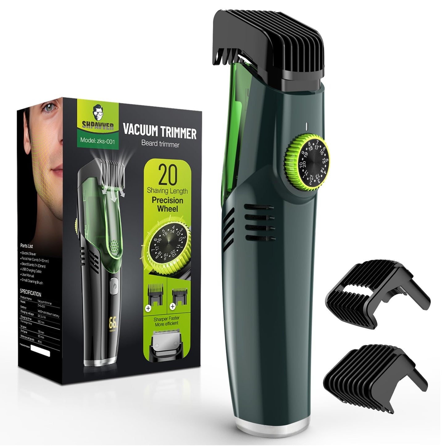 SHPAVVER Vacuum Beard Trimmer for Men, Mustache Trimmer with 20 Length and Styles Adjustable, Built-in Vacuum Trimmer for Mustache, Sideburns, Facial Beauty and Personal Care SHPAVVER