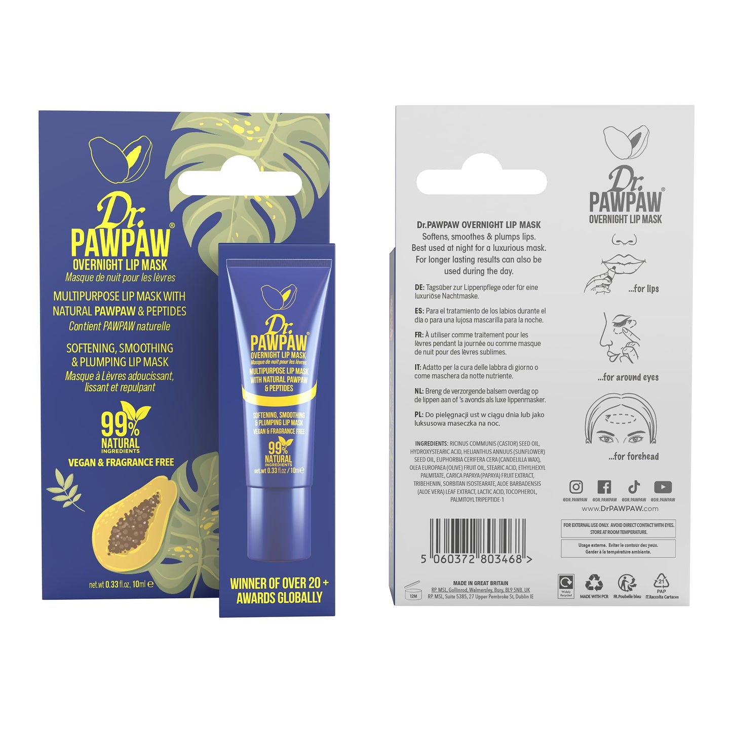 Dr. PawPaw Multipurpose Overnight Lip Mask - Lip Sleeping Mask with Peptides - Natural Lip Moisturizer for Plumper Lip - Cruelty Free - 0.84 oz Beauty and Personal Care Dr. PAWPAW ORIGINAL BALM
