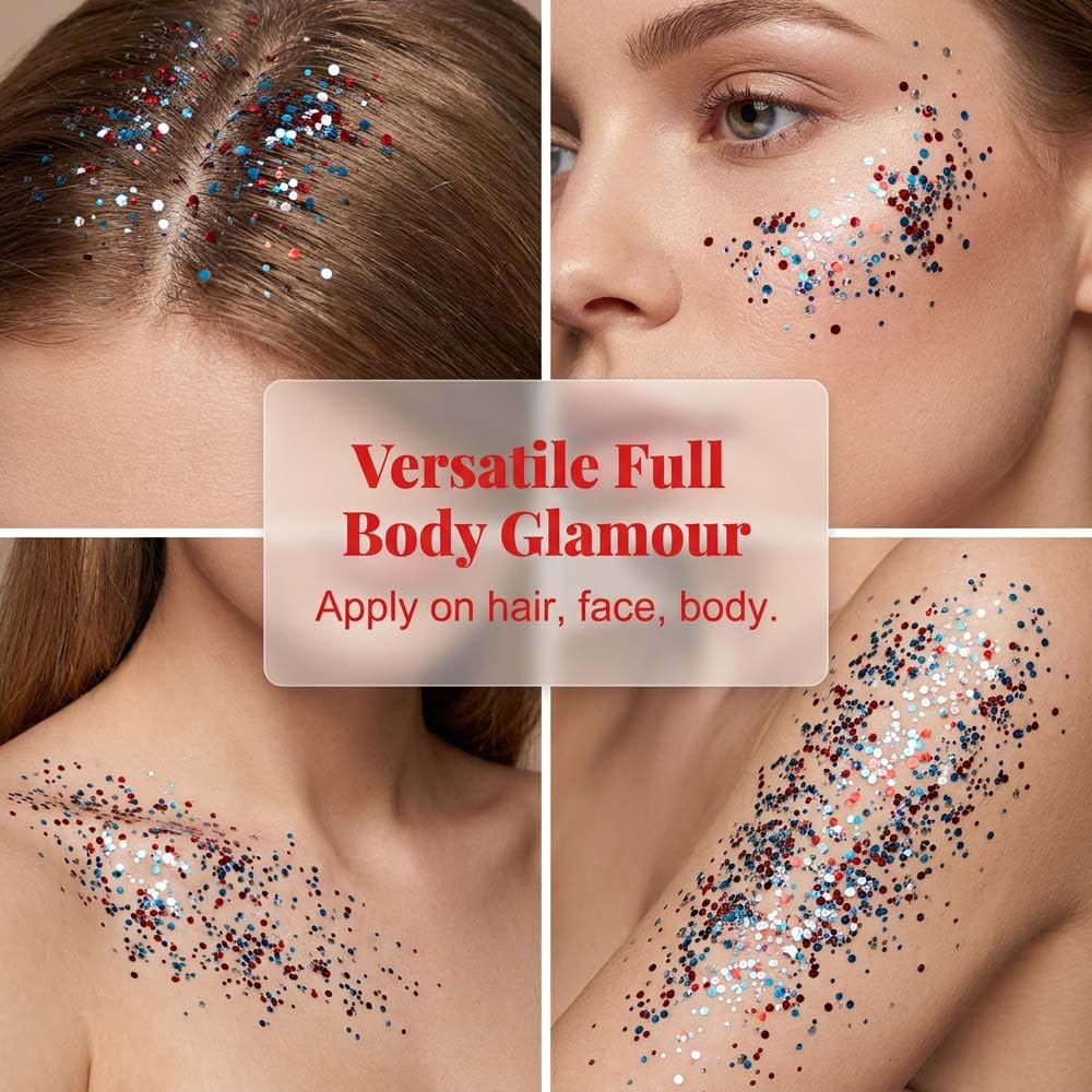 Waterproof Red White Blue Hair Glitter Stick for Patriotic Celebrations &Game Days, 4th of July Glitter Stick, Sparkling Face&Body Makeup with Star Beauty & Personal Care AprYew