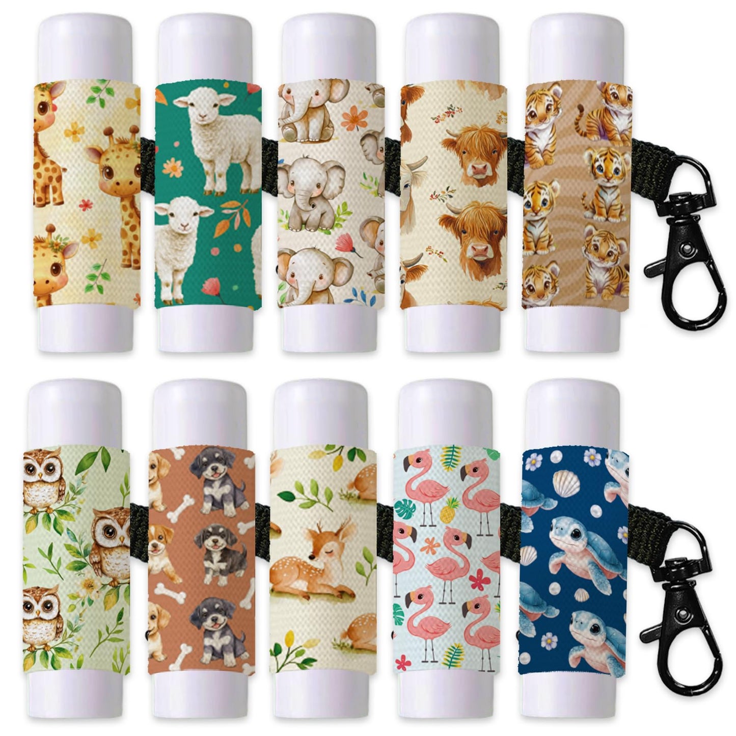 DELORIGIN 10pcs Animals Flowers Lip Balm Holder Keychain Lipstick Sleeves with Metel Clasp Chapstick Elastic Sleeves Lip Gloss Keychain Holder for Lip Beauty and Personal Care DELORIGIN