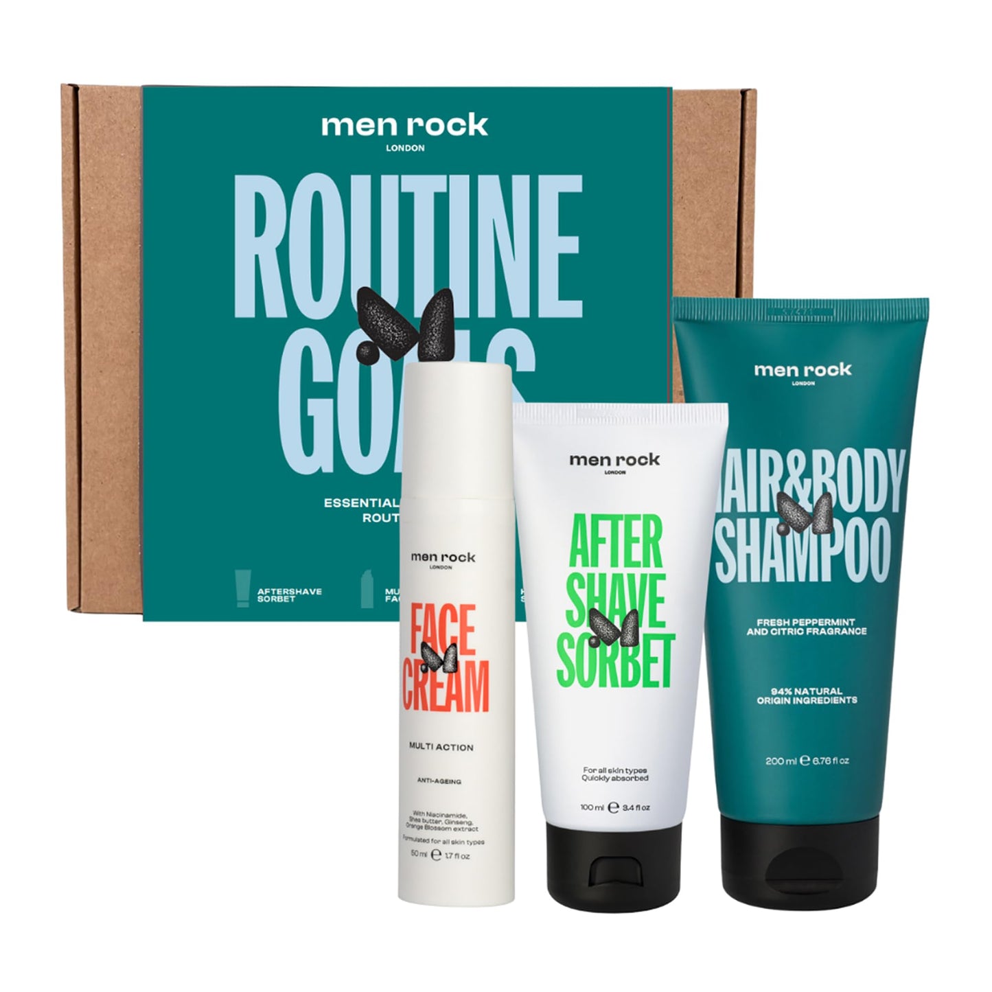 Men Rock Routine Goals Essential Grooming Kit - Mens Face Care Set - Aftershave for Men - Face Moisturizer - Hair and Body Wash Shampoo - 3 Pc Beauty and Personal Care Men Rock
