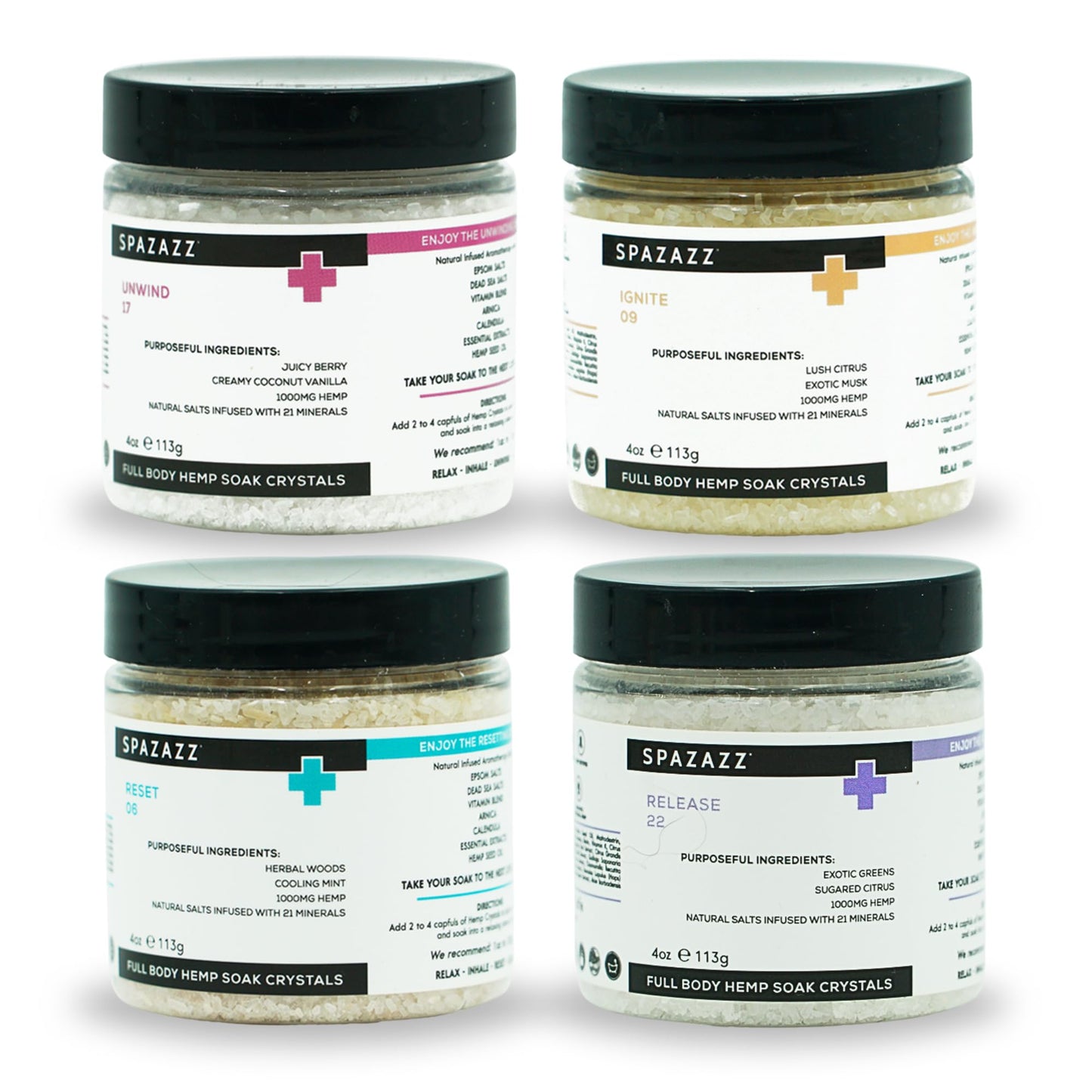 Spazazz Hot Tub Aromatherapy Full Body Hemp Soak Collection Sampler Pack - 4oz 1000 mg Hemp Spa Aromatherapy Hot Tub Bath Salt Crystals 4 Pack Beauty and Personal Care Spazazz