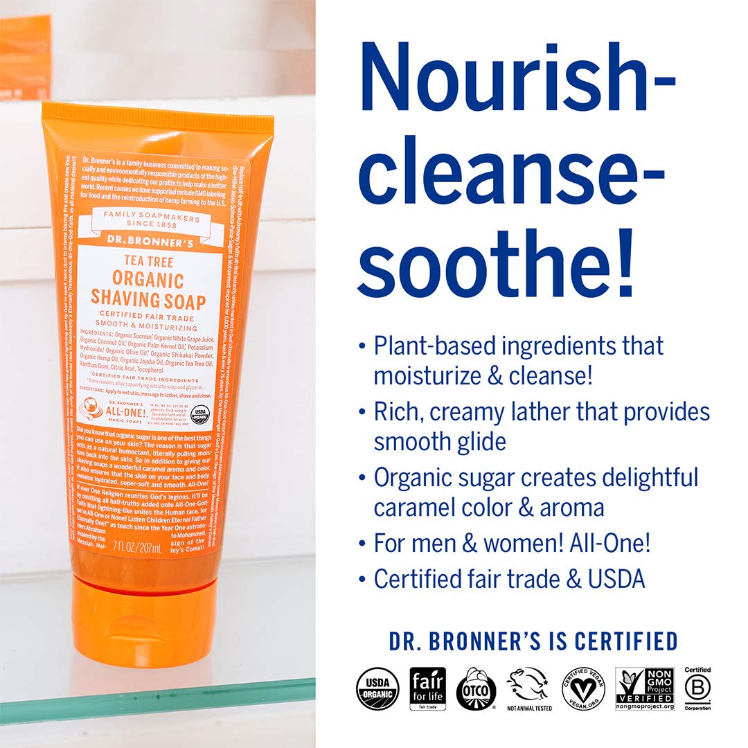 Dr. Bronner's - Organic Shaving Soap (Tea Tree, 7 Ounce) - Certified Organic, Sugar and Shikakai Powder, Soothes and Moisturizes for Close… Beauty & Personal Care Dr. Bronner's