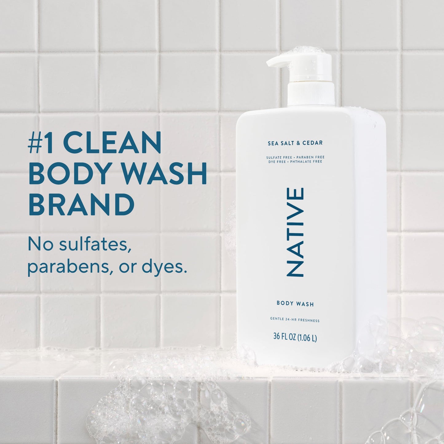 Native Body Wash for Women & Men, Sea Salt & Cedar, 36 oz Pump Bottle, Sulfate-Free & Gentle Beauty & Personal Care Native