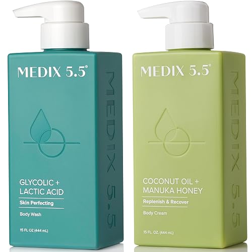 MEDIX Exfoliating Glycolic Acid Body Wash & Face Wash + Coconut Body Lotion Skin Care Set | Coconut Oil Lotion Body Cream & AHA + Lactic Acid Foaming Beauty & Personal Care Medix 5.5