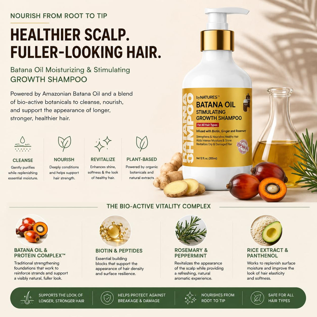 By Natures Batana Oil Hair Growth Shampoo with Biotin and Rosemary, 12 Oz