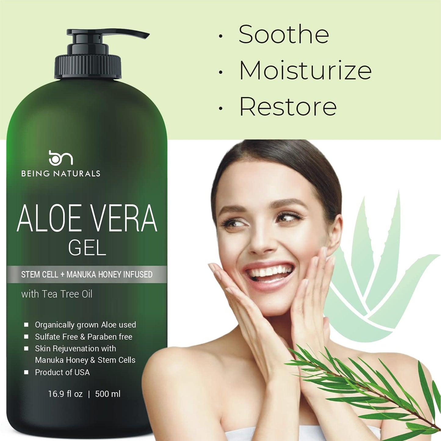 Aloe vera Gel - from 100% Pure Organic Aloe Infused with Manuka Honey, Stem Cell, Tea Tree Oil - Natural Raw Moisturizer for Face, Body, Hair. Perfect Beauty & Personal Care Being Naturals