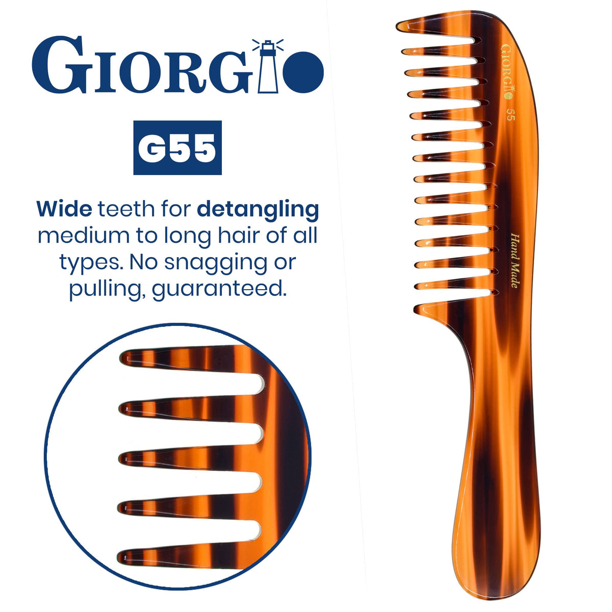 Giorgio Wide Tooth Hair Comb for Detangling, Handmade Large Rake Comb for Wet Hair