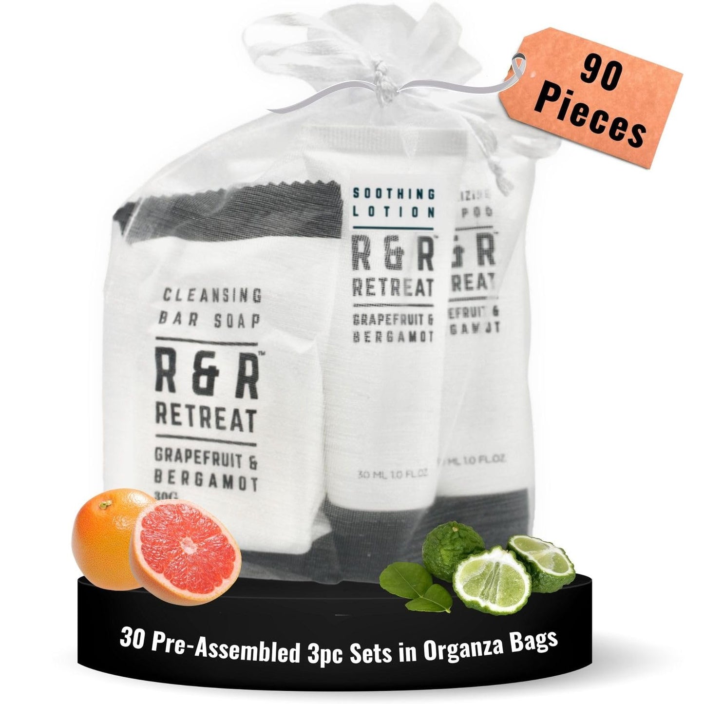 R&R Retreat Hotel Toiletry Sets - 30 Pre-Assembled 3-Piece Guest Amenities in Organza Bags - 2-in-1 Conditioning Shampoo, Body Lotion & Sachet-Wrapped Beauty and Personal Care Vacation Home Amenities