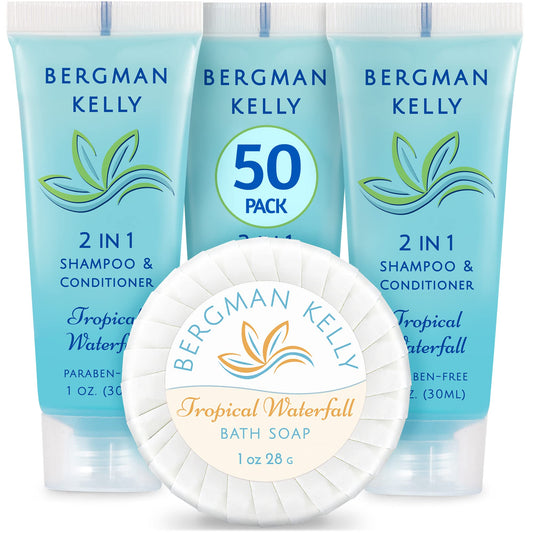 BERGMAN KELLY Round Soap Bars, 2in1 Shampoo & Conditioner 2-Piece Set (Tropical Waterfall, 1 oz each, 100 pc), Delight Your Guests with Revitalizing Beauty & Personal Care BERGMAN KELLY