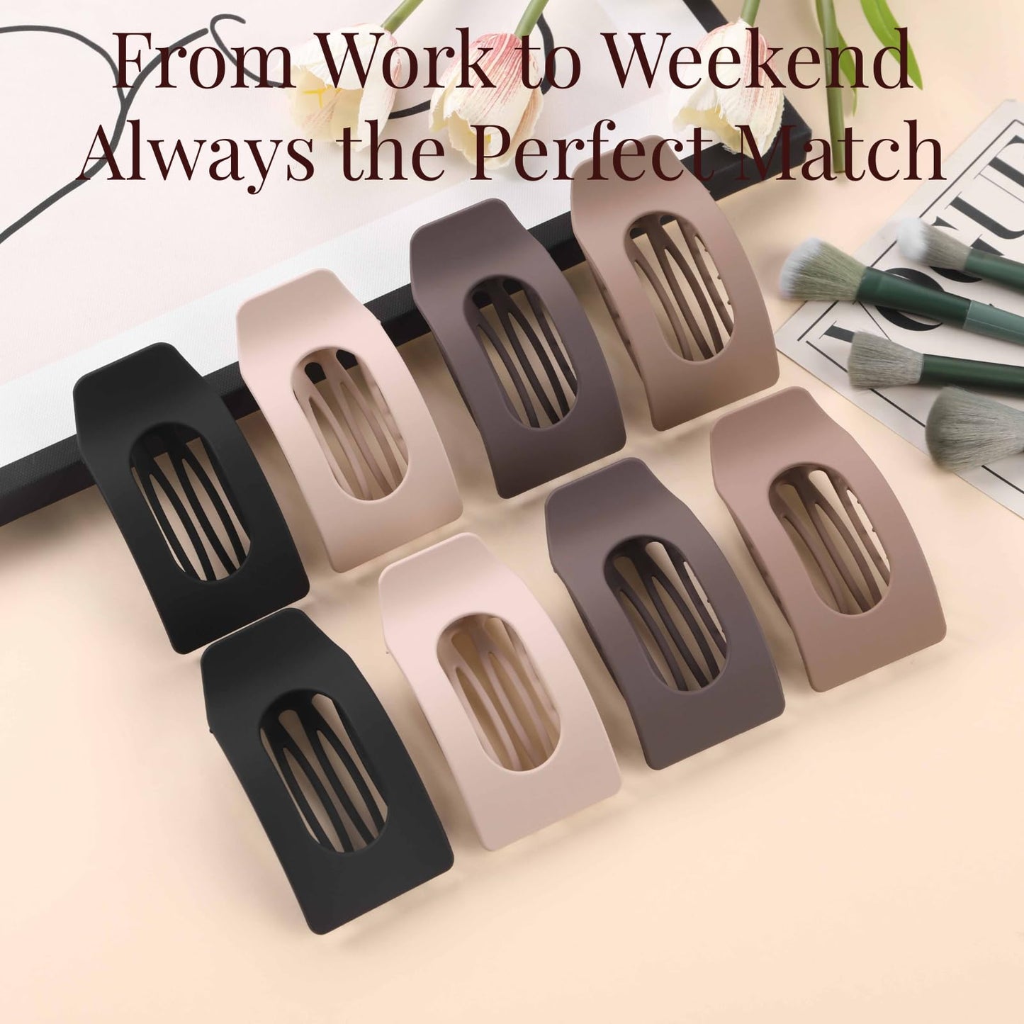 8 Pack Neutral Flat Hair Clips for Women - Large Matte No-Slip Rectangle Claw Clips Thick & Thin Hair in Brown, Black, and Blonde, Strong Hold Square Beauty and Personal Care Drealoe