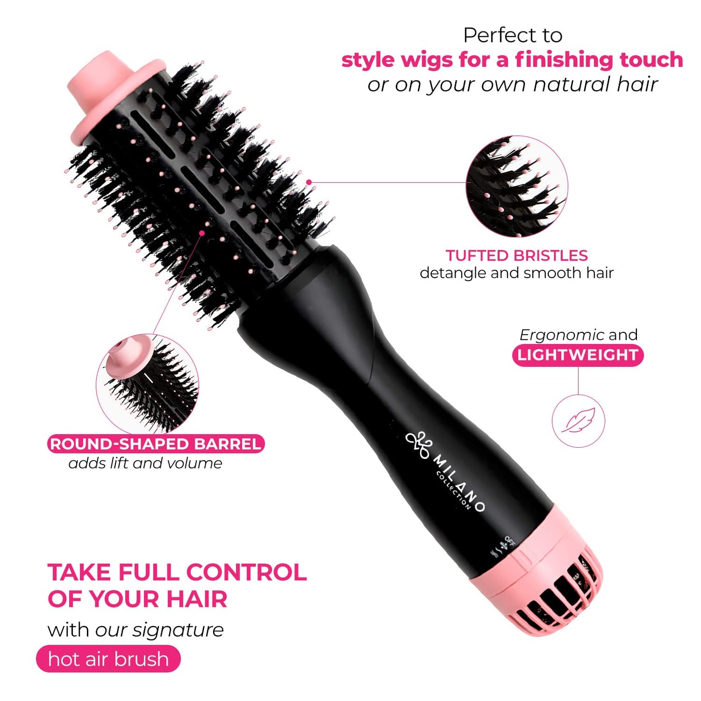 Milano Collection Hot Air Hair Brush Dryer, Quick & Easy Styling, Hair Volumizer for Human Hair Wigs & Natural Hair, Lightweight Round-Shaped Barrel Beauty & Personal Care MILANO COLLECTION