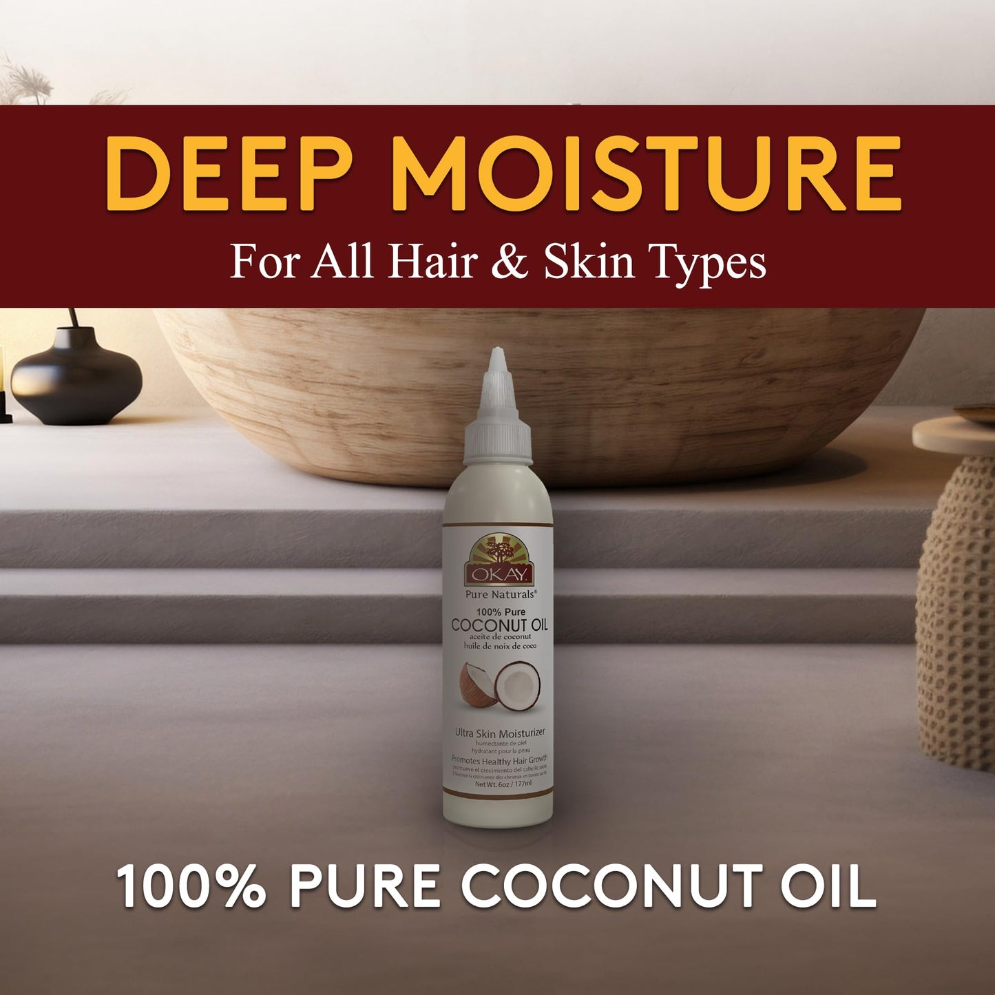 OKAY 100% Pure Coconut Oil for Hair & Skin - Coconut Oil for Women & Men, Perfect for Body & Face, for Massage & Moisturizer, Natural - 6 Fl Oz Beauty & Personal Care OKAY