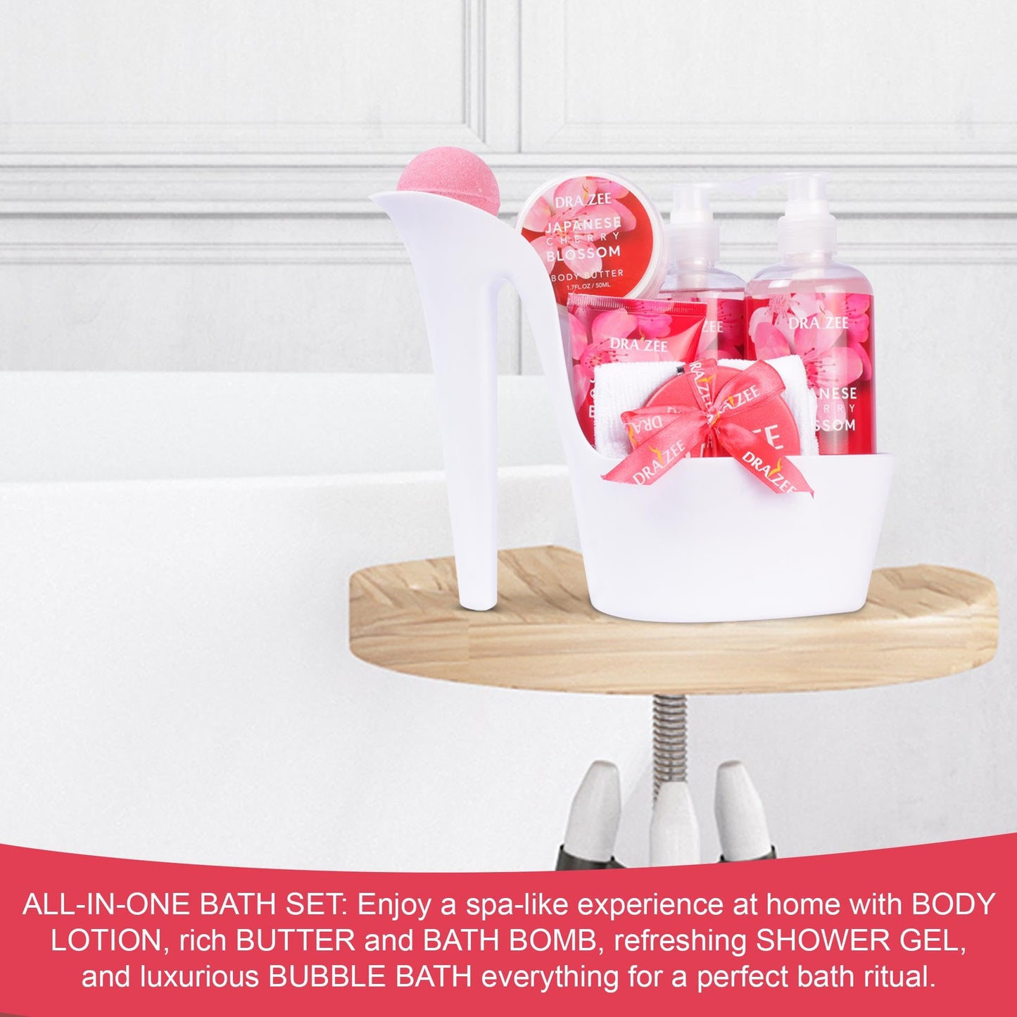 Valentine’s Day Gifts for Women - 8 Pc Spa Gift Baskets for Women, Cherry Blossom Scented Heel Shoe Spa Basket, Elegant Bath Set, Romantic Spa Gift Beauty & Personal Care Draizee