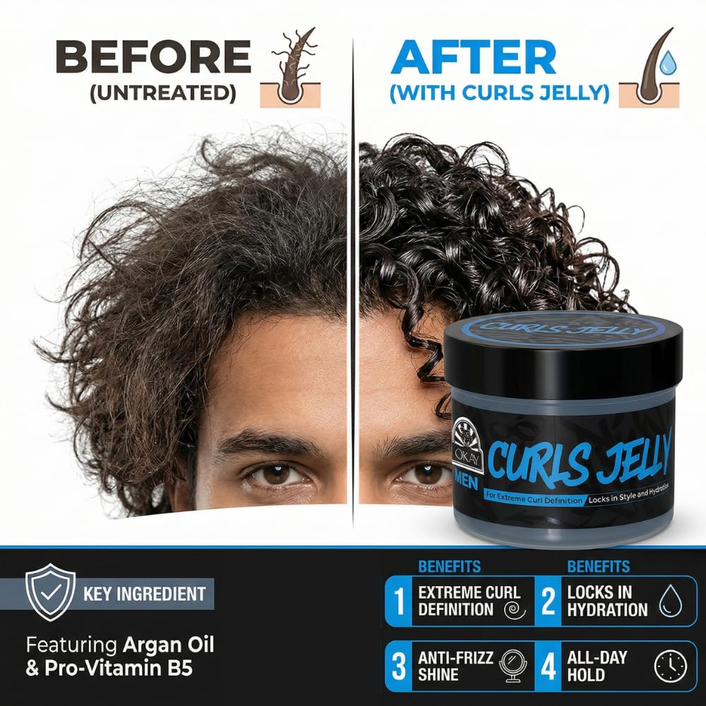 OKAY Men’s Curls Jelly, 7 oz - Curl Defining Styling Gel for Men, Lightweight Hold, Frizz Control & Natural Shine, Paraben-Free Hair Jelly for Curly Beauty & Personal Care OKAY