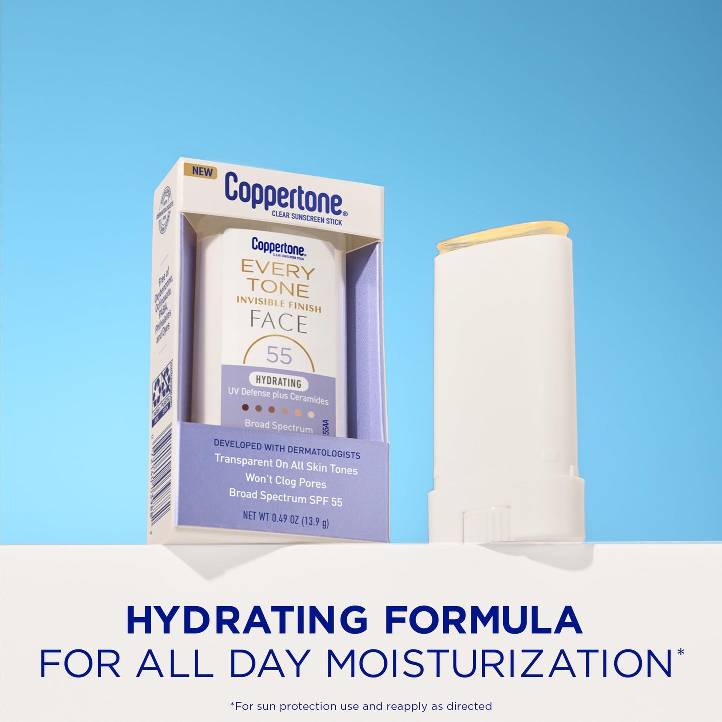 Coppertone Every Tone Invisible Finish Hydrating UV Defense Face Sunscreen Stick SPF 55 with Moisturizing Ceramides, Blends in Clear Sunscreen for All Beauty & Personal Care Coppertone