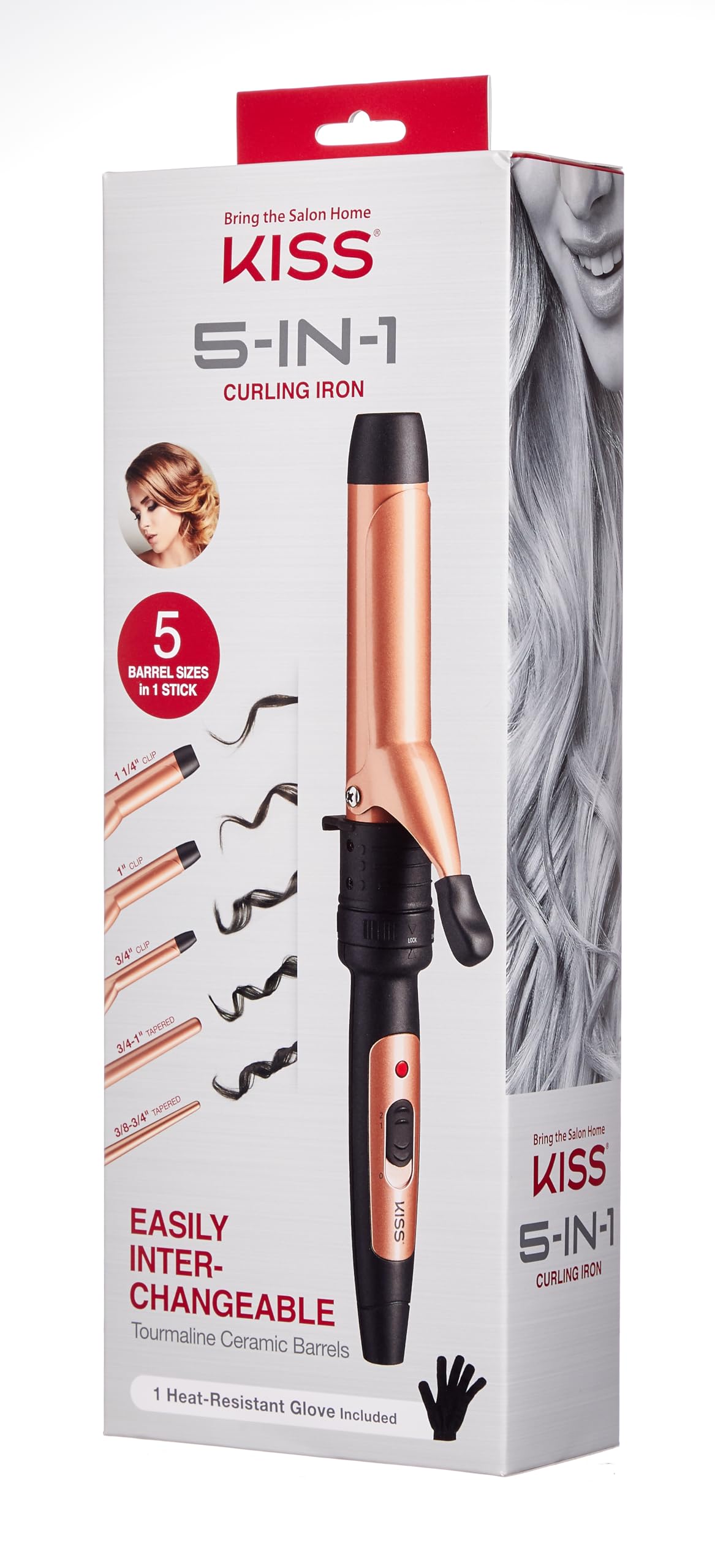 KISS 5-in-1 Curling Iron, Interchangeable Tourmaline Ceramic Curling Wand Set with 3 Styling Clips & 2 Wands, 2 Heat Settings, Heat Resistant Glove Beauty & Personal Care KISS