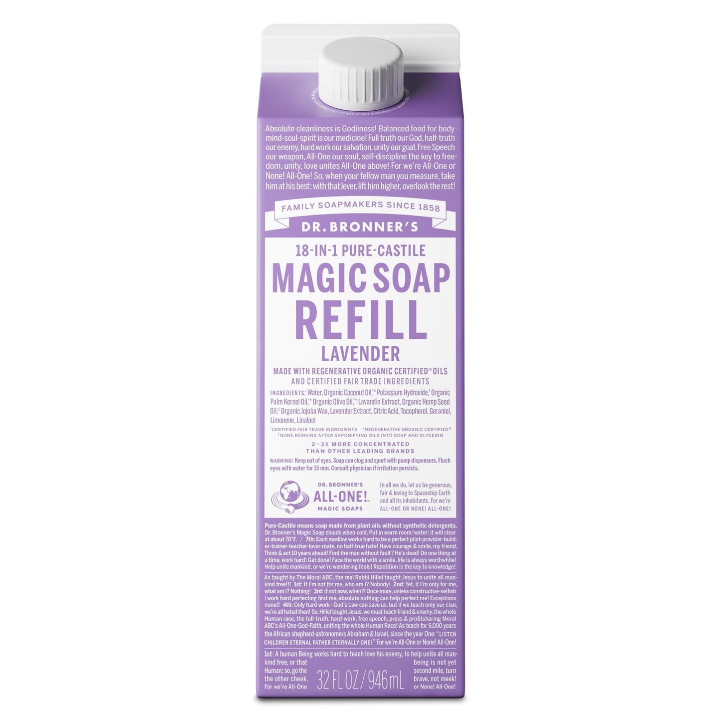 Dr. Bronner's Pure-Castile Liquid Magic Soap Refill - Made with Regenerative Organic Certified Oils, 86% Less Plastic per Quart - 18-in-1 Uses Beauty & Personal Care Dr. Bronner's