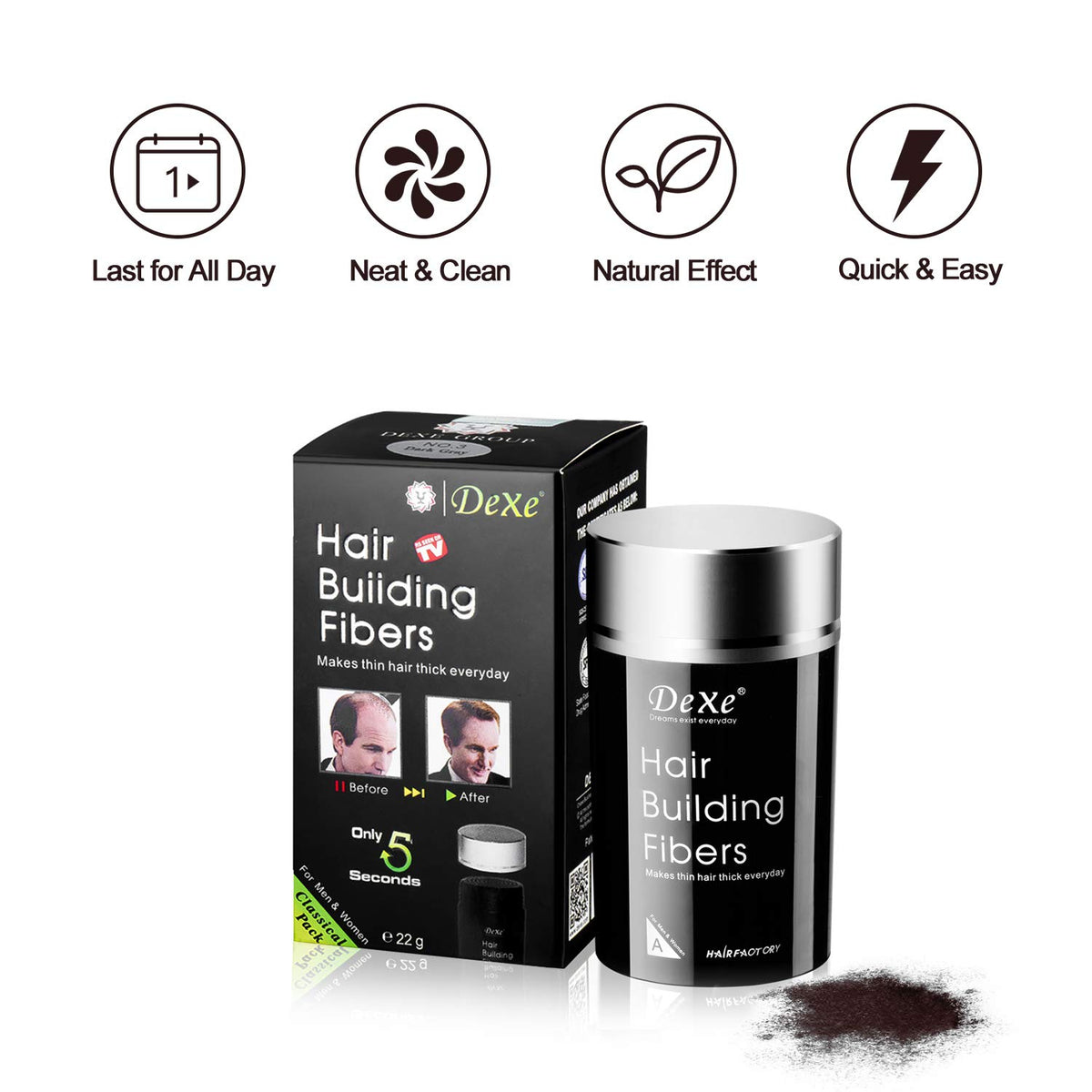 Dexe Hair Building Fibers Color Powder Instantly Thicken Thinning Hair for Men and Women (Black)