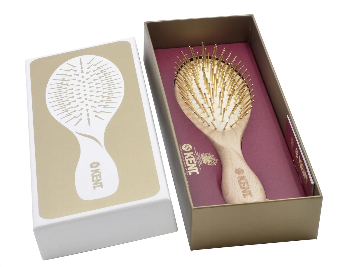 Kent ZZ Gold Plated Pin Rubber Cushion Detangler Brush for Detangling and Smoothing, Limited Edition Oval Paddle Hair Brush for Medium to Long Hair