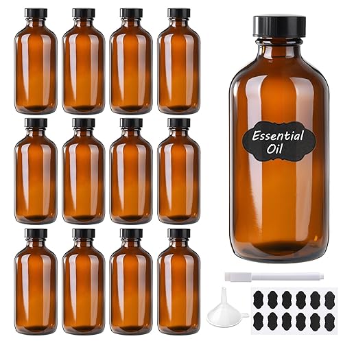 BPFY 12 Pack 8 oz Amber Glass Boston Bottle With Black Poly Cap, Funnel, Chalk Labels, Pen, Dispensing Bottles for Homemade Vanilla Extract, Essential Beauty & Personal Care BPFY