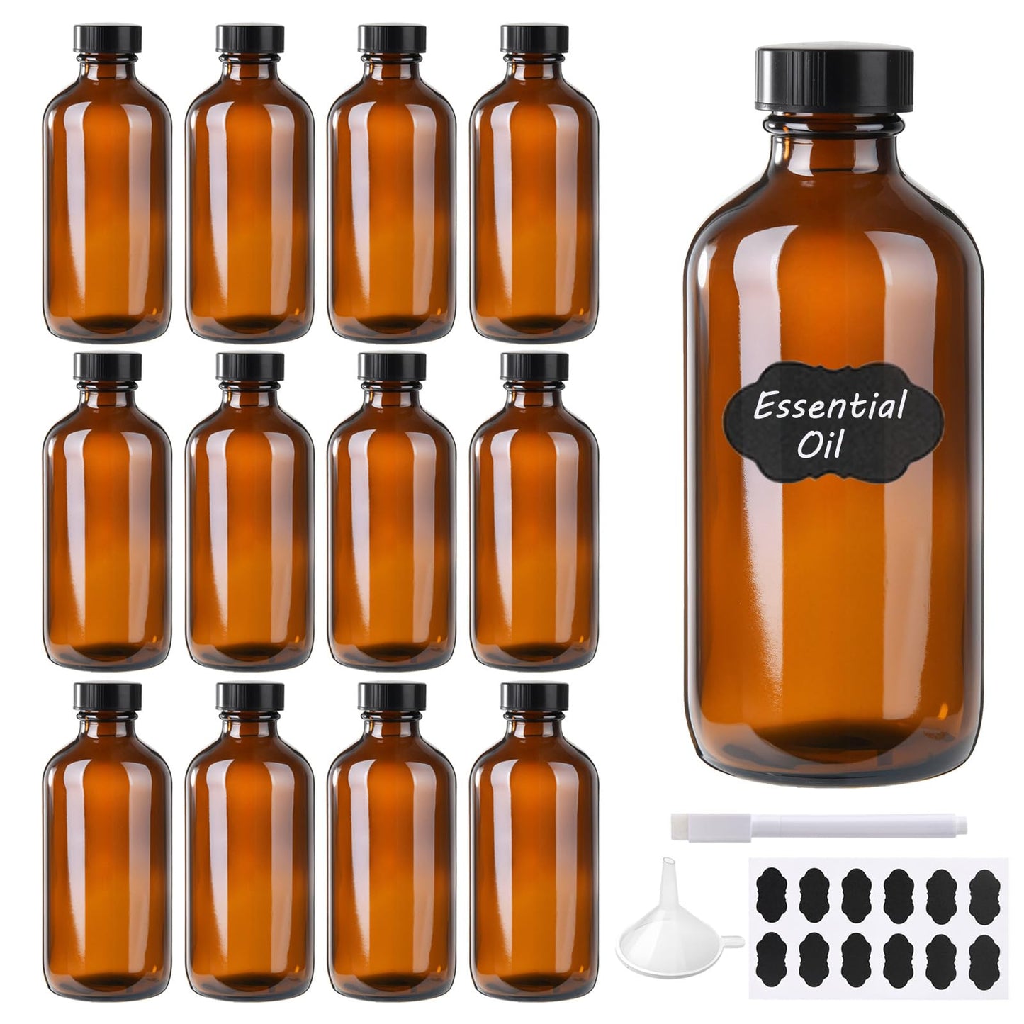 BPFY 12 Pack 8 oz Amber Glass Boston Bottle With Black Poly Cap, Funnel, Chalk Labels, Pen, Dispensing Bottles for Homemade Vanilla Extract, Essential Beauty & Personal Care BPFY